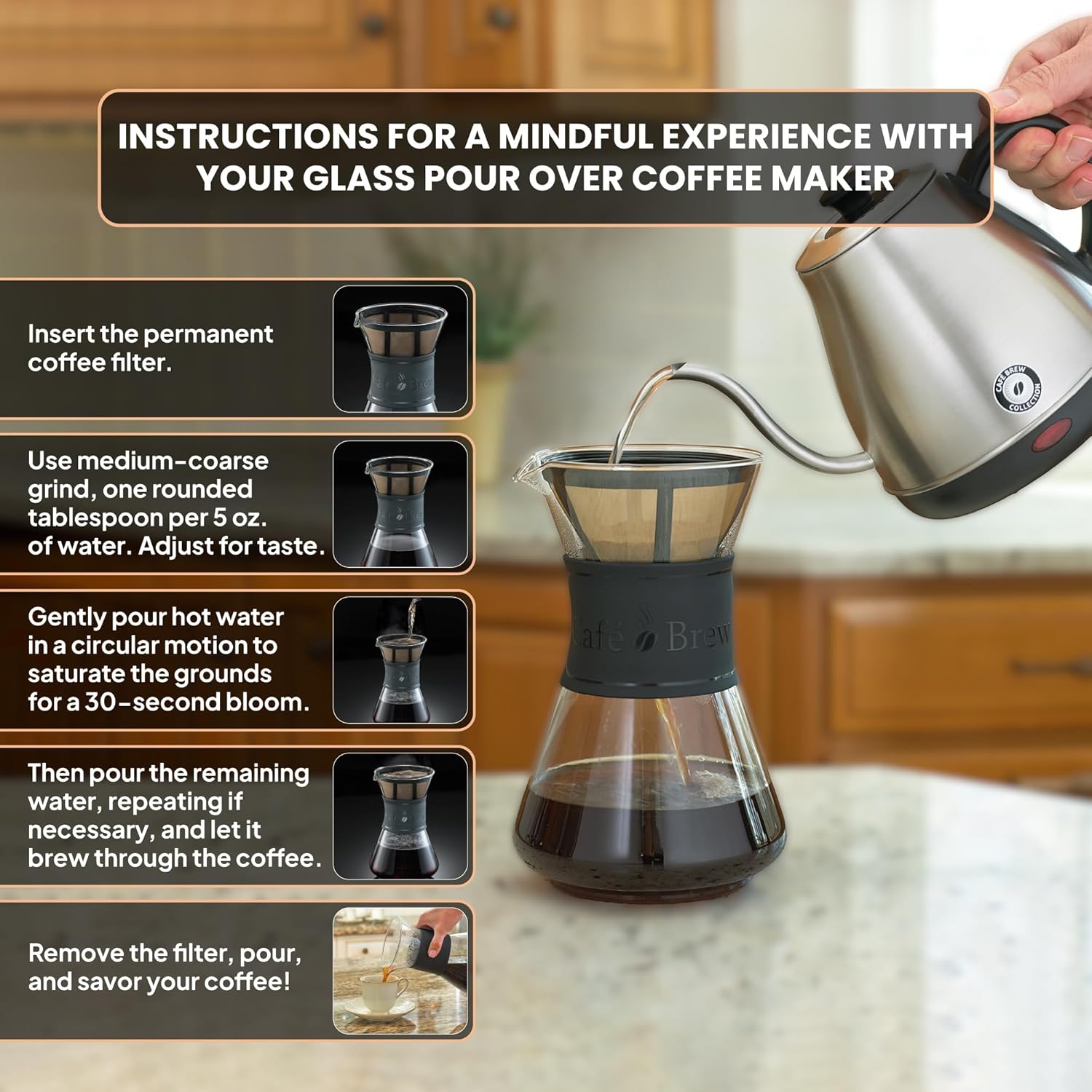 CAFE BREW COLLECTION Pour Over Coffee Maker with Permanent Filter, 1.2 Liter, 40 Ounce, Black Band