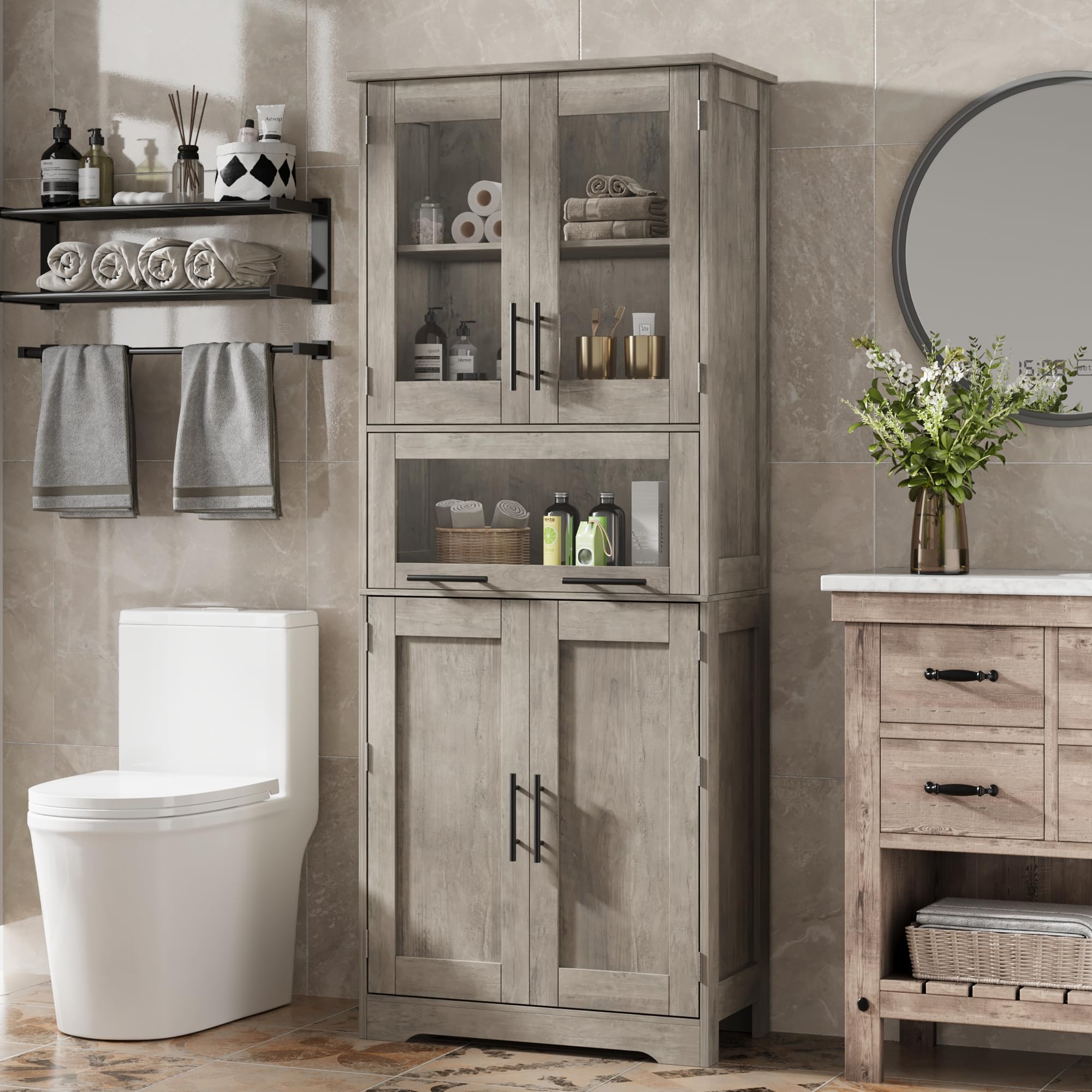 Armario de Baño de Doble Compartimento, Mueble de Baño con Puertas y Estante Ajustable, para Baño, Lavandería y Espacios Pequeños, Gris, 60×30×170 cm
