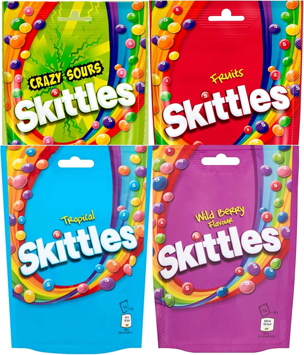 Skittles Sweets 4 Pack, 4 Flavours Crazy Sours, Fruits, Wild Berry