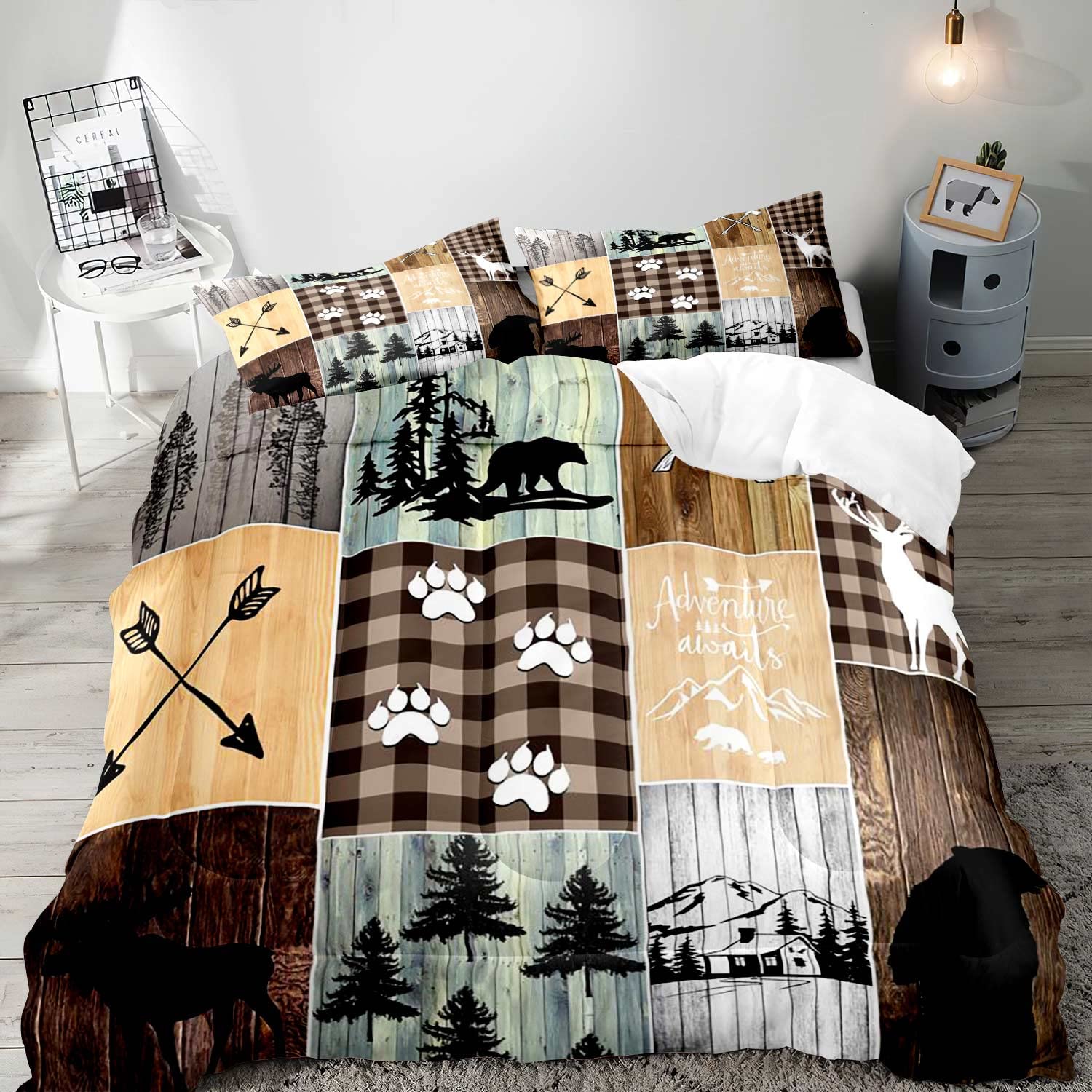 LUVIVIHOME 3PCS Farmhouse Comforter Set King, Black Bear Deer Elk Moose Woodland Forest Animals Wildlife Hunting Vintage Brown Plaid Patchwork Lodge Country Rustic Cabin Bedding Quilt, 2 Pillow Shams