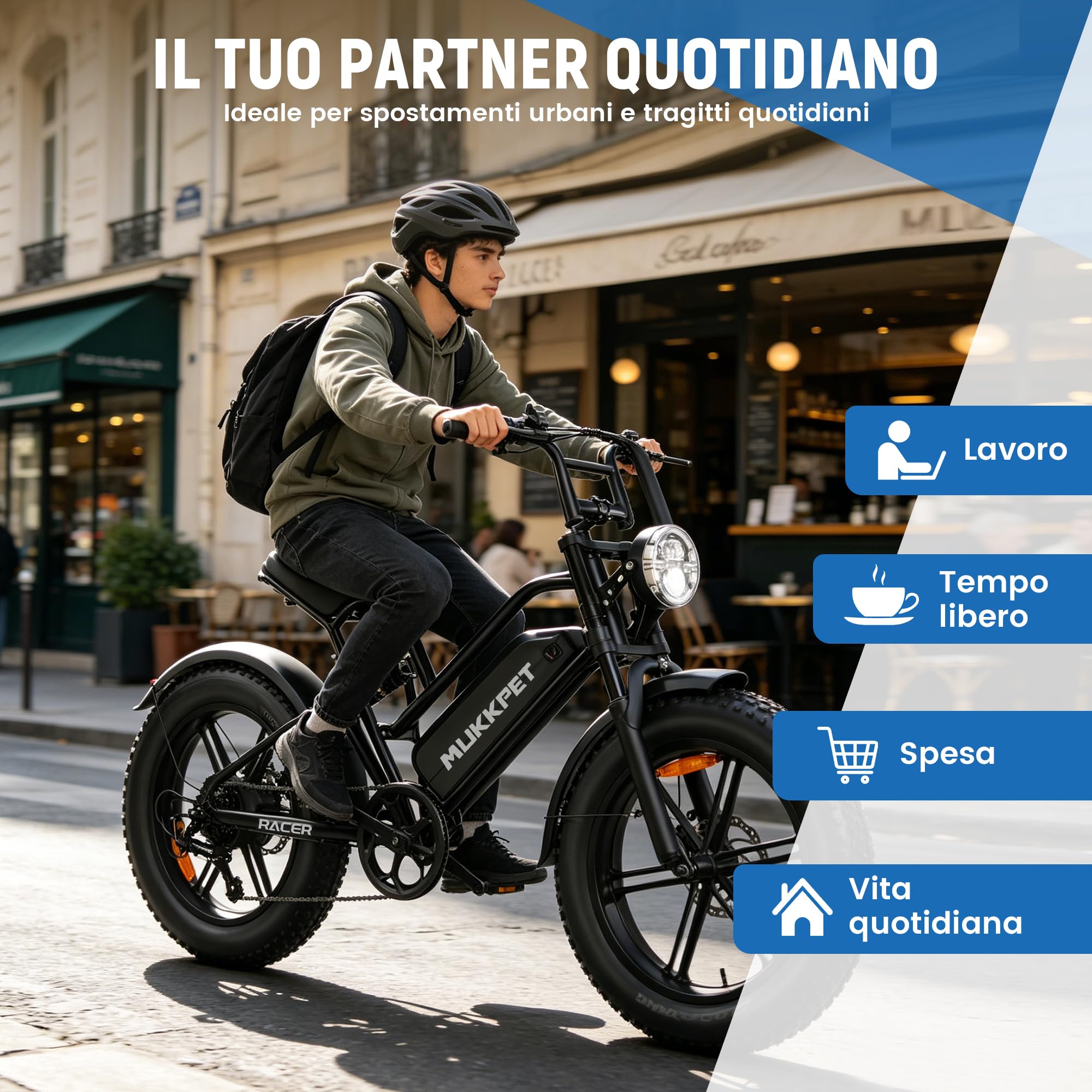Mukkpet Racer, bicicletta elettrica da 48 V, 18 Ah, autonomia 120 km, bici elettrica per adulti, velocità legale 25 km/h, fuoristrada, doppia sospensione, 7 velocità, 20" x 4.0 per