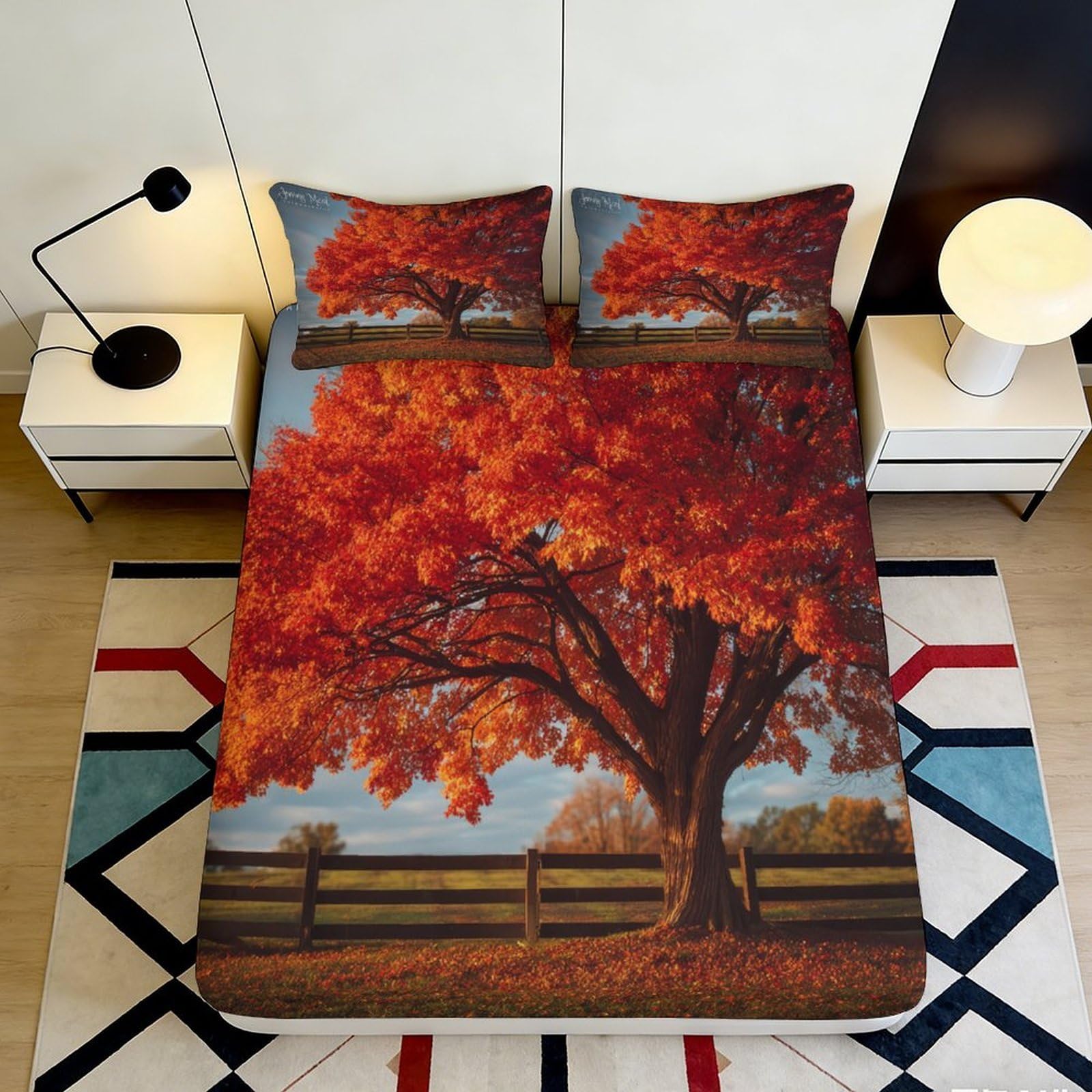 3D Printed Autumn Maple Tree Fitted Sheet Microfiber Soft Rust Red Bed Cover for Bedroom Decor Mattress Protection 90x200x25cm