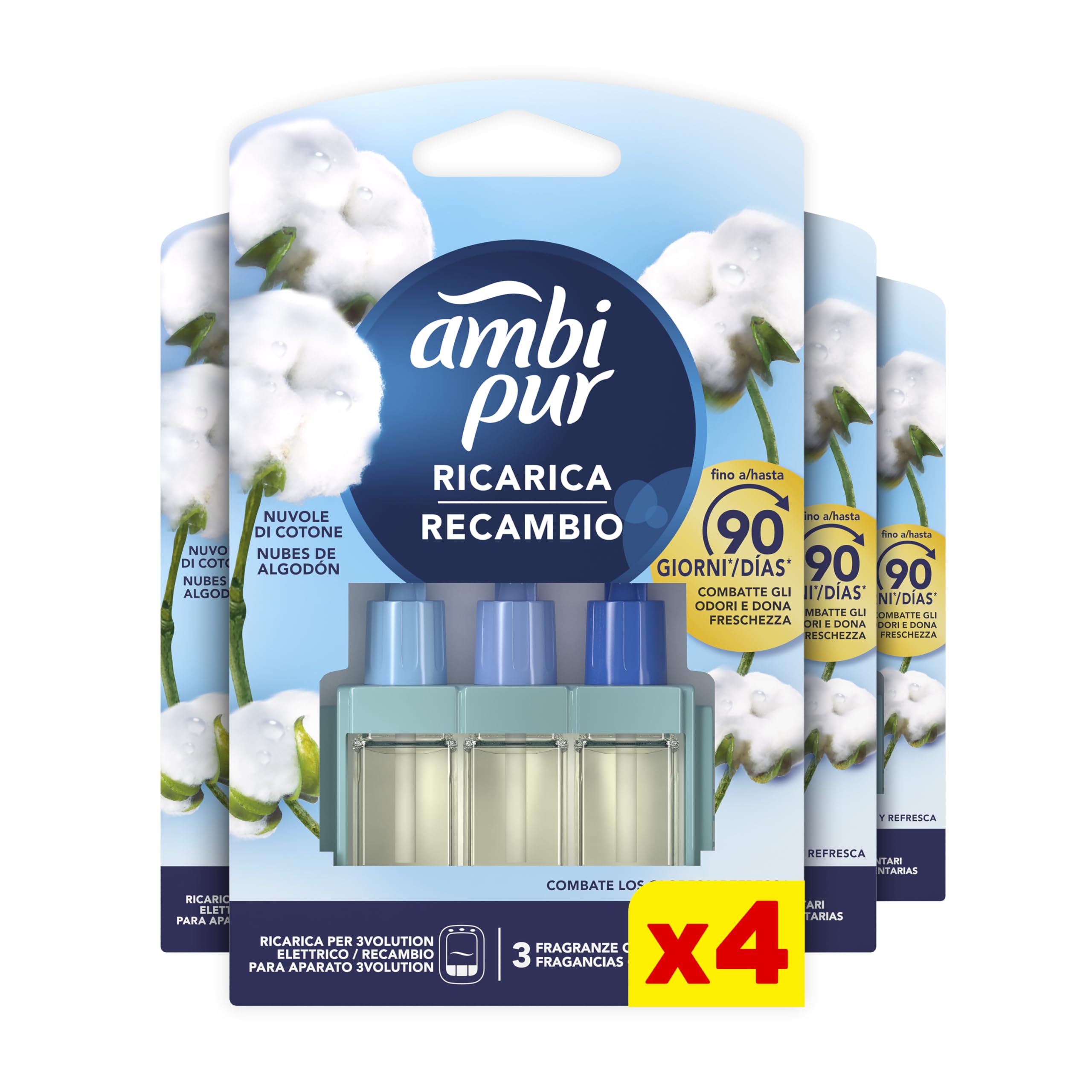 Febreze 3Volution zatyczki zapachowe, 4 x flakony do uzupełniania, czysta świeżość, 3 naprzemienne zapachy do zwalczania zapachów