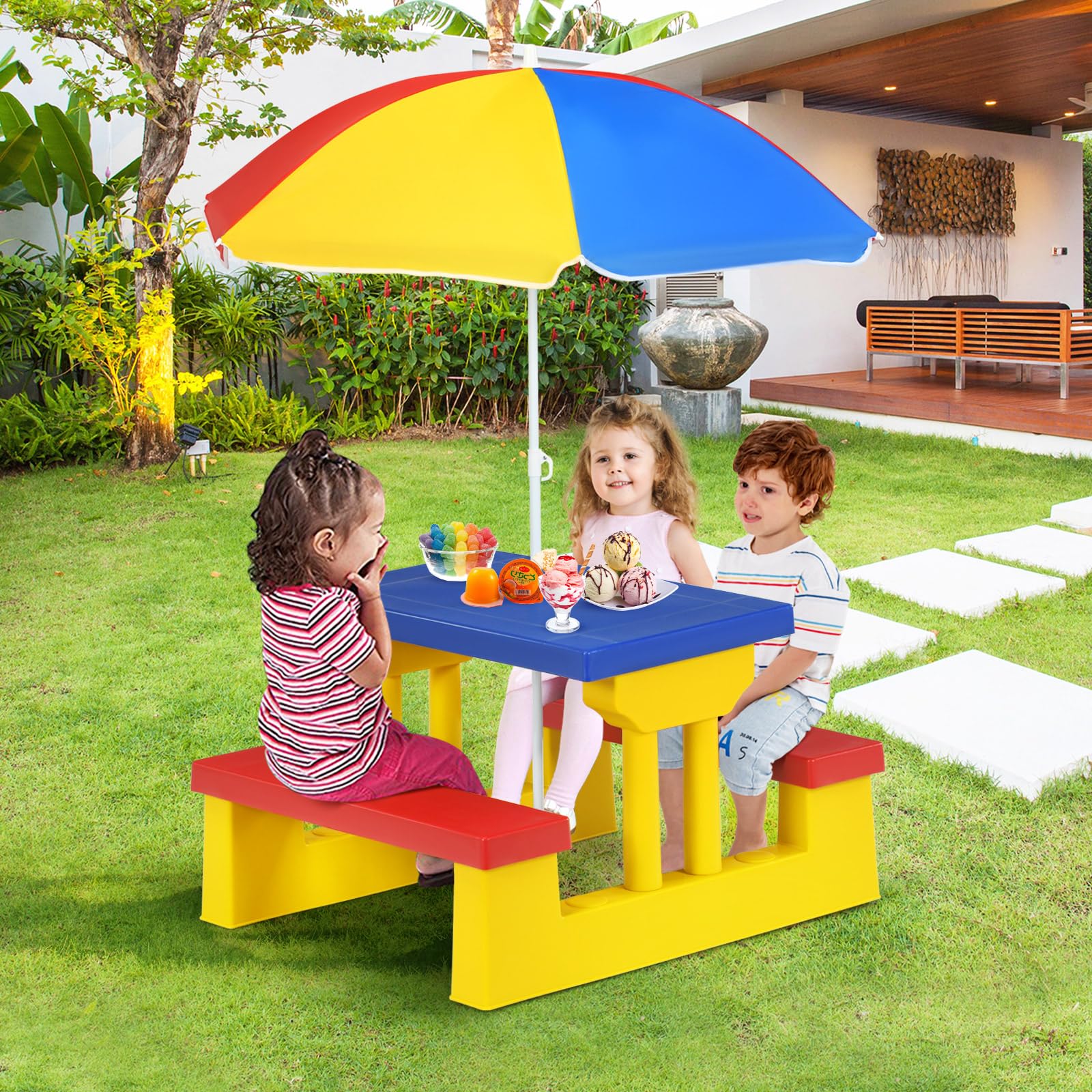 MAT EXPERT Kids Picnic Table, Plastic Toddler Picnic Table & Chair Set w/Removable & Foldable & Height-Adjustable Umbrella, Children Patio Furniture, Kids Outdoor Table for Garden Backyard (Multi)