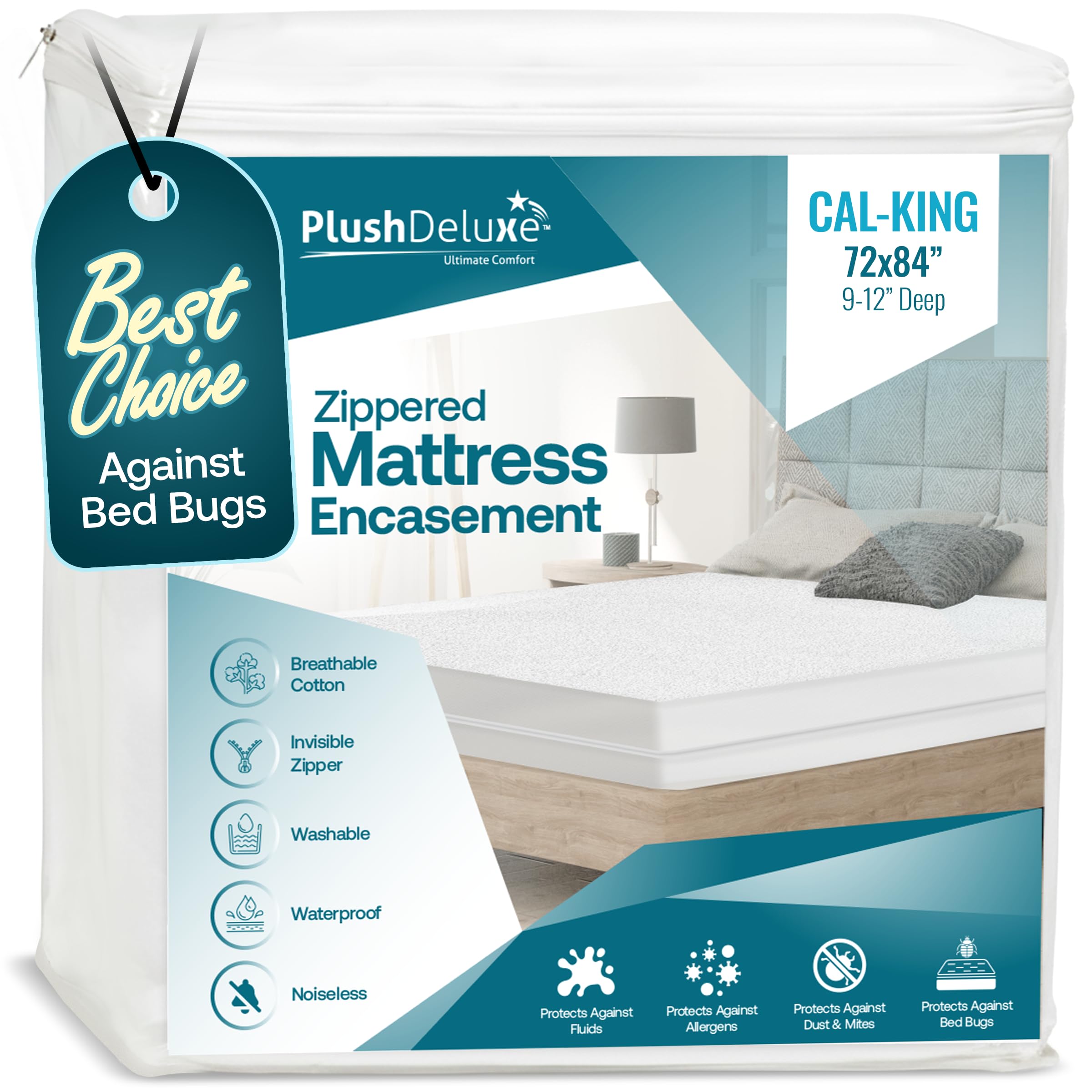 PlushDeluxe Premium 100% Waterproof Mattress Encasement, Breathable Soft Cotton Terry Surface (9"-12" Deep, Cal-King 72X84)
