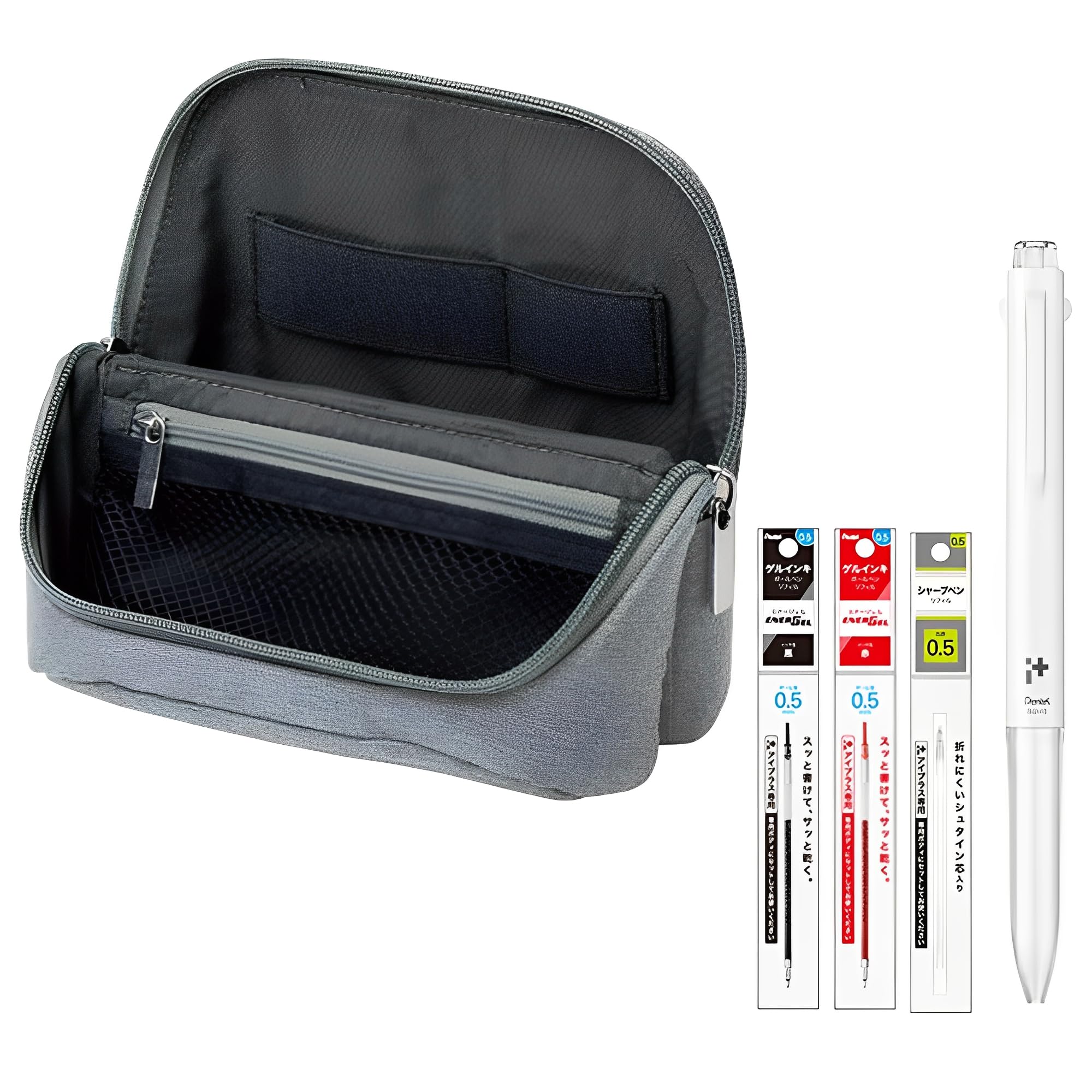 Sonic Utlim Sma-Sta Wide Mobile Standing Case and Pentel i+ Pen Body + 3 Set Refill Bundle, Workspace Bag, Converts Into Stand for Smartphone, Stationery, Tech Accessories, and More, UT-1846-GL, Grey