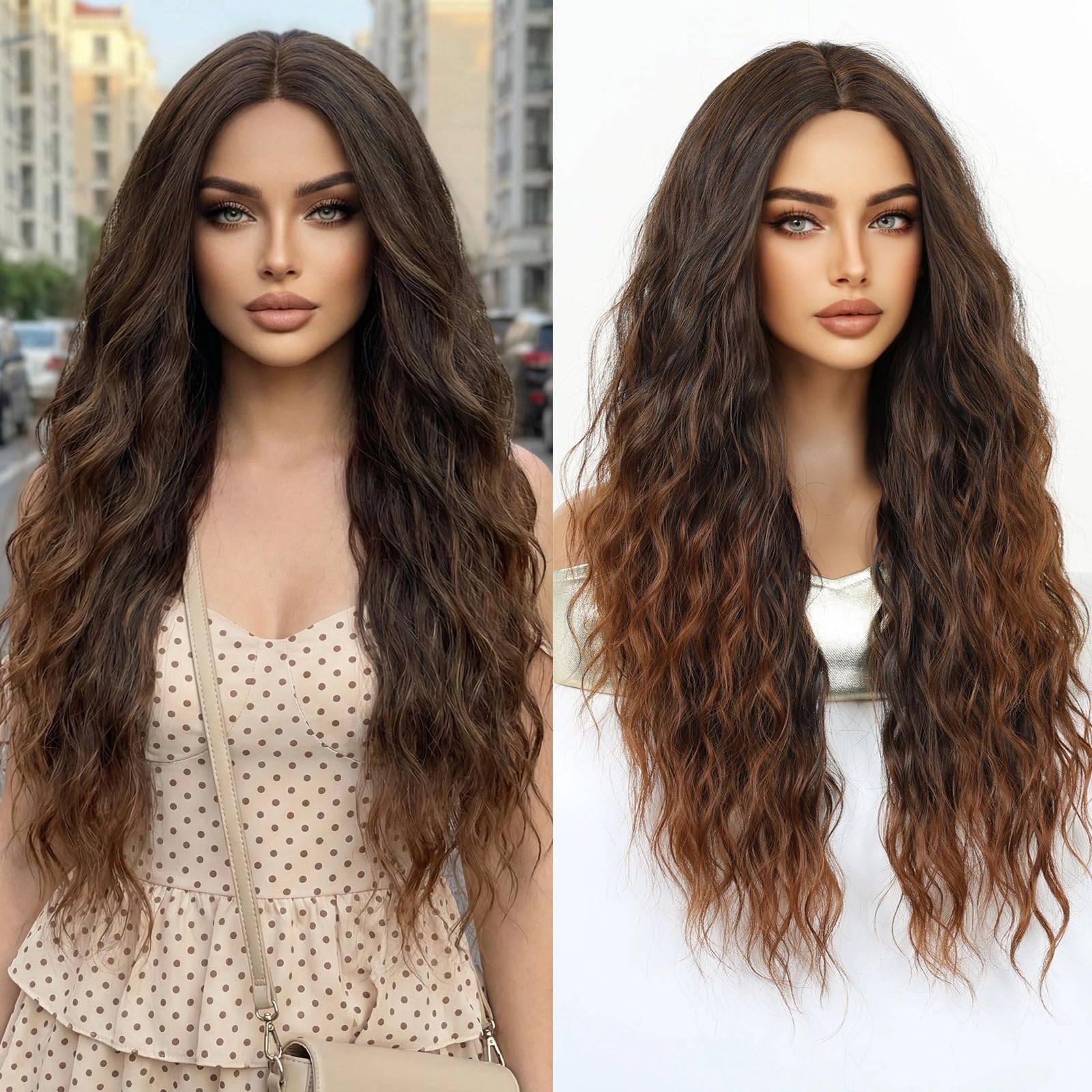 26 Inch Long Curly Wigs for Women, Water Wave Ombre Brown Wig Middle Part Heat Resistant Natural Looking Synthetic Wig for Daily Party Use