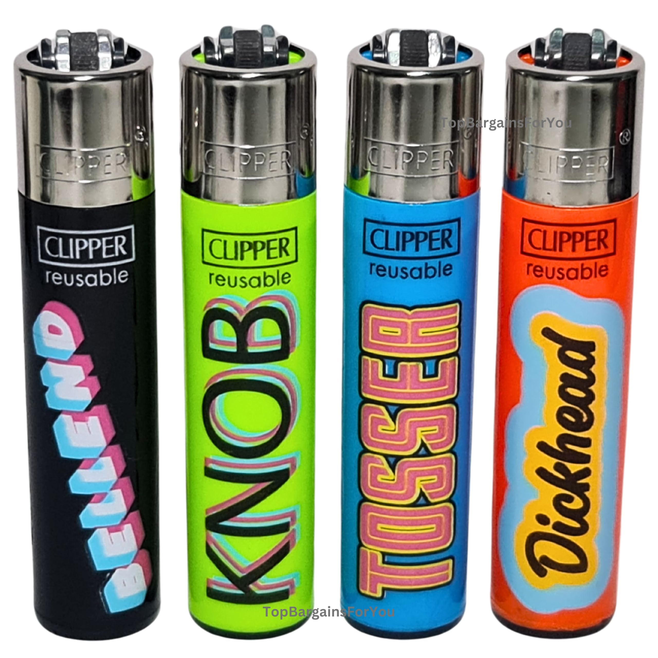 Zactly - 4 x Clipper Lighter Set NAUGHTY WORDS 3 FUNNY SAYINGS Rare Design Gas Refillable Standard Size Lighters Replaceable Flint - Limited Edition