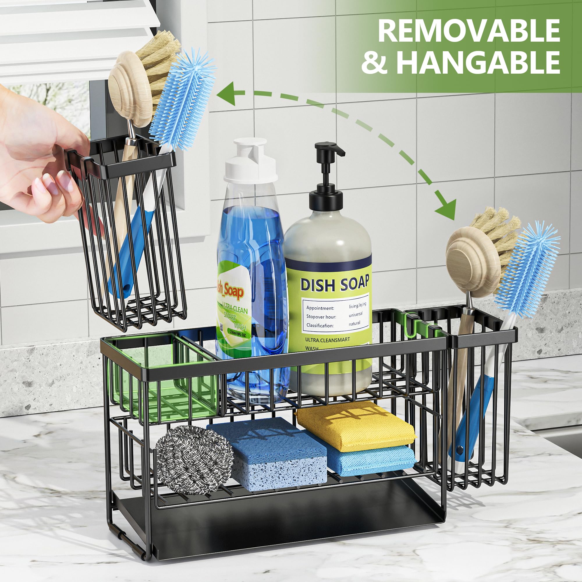 Cisily Organizador de fregadero de cocina de 2 niveles con soporte flexible para cepillo de platos, soporte de esponja para fregadero de cocina, almacenamiento de organización, accesorios de