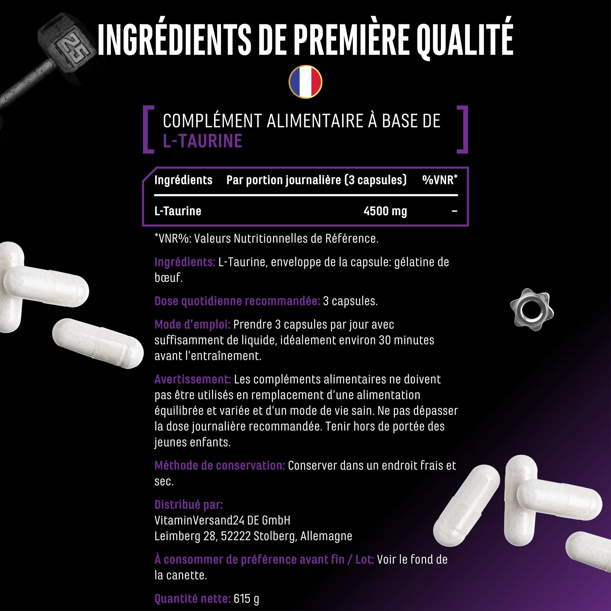 L-Taurin Ultra Caps - 365 capsules - Extra fortement dosé avec 1500 mg par capsule - Acide aminé taurine avec une pureté de 99% - Sans additif indésirable