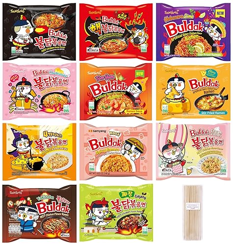 Samyang Spicy Hot Chicken Ramen 11 Flavor Variety Pack - FREE Chopsticks - Korean Buldak Ramen Noodles (11 Pack)