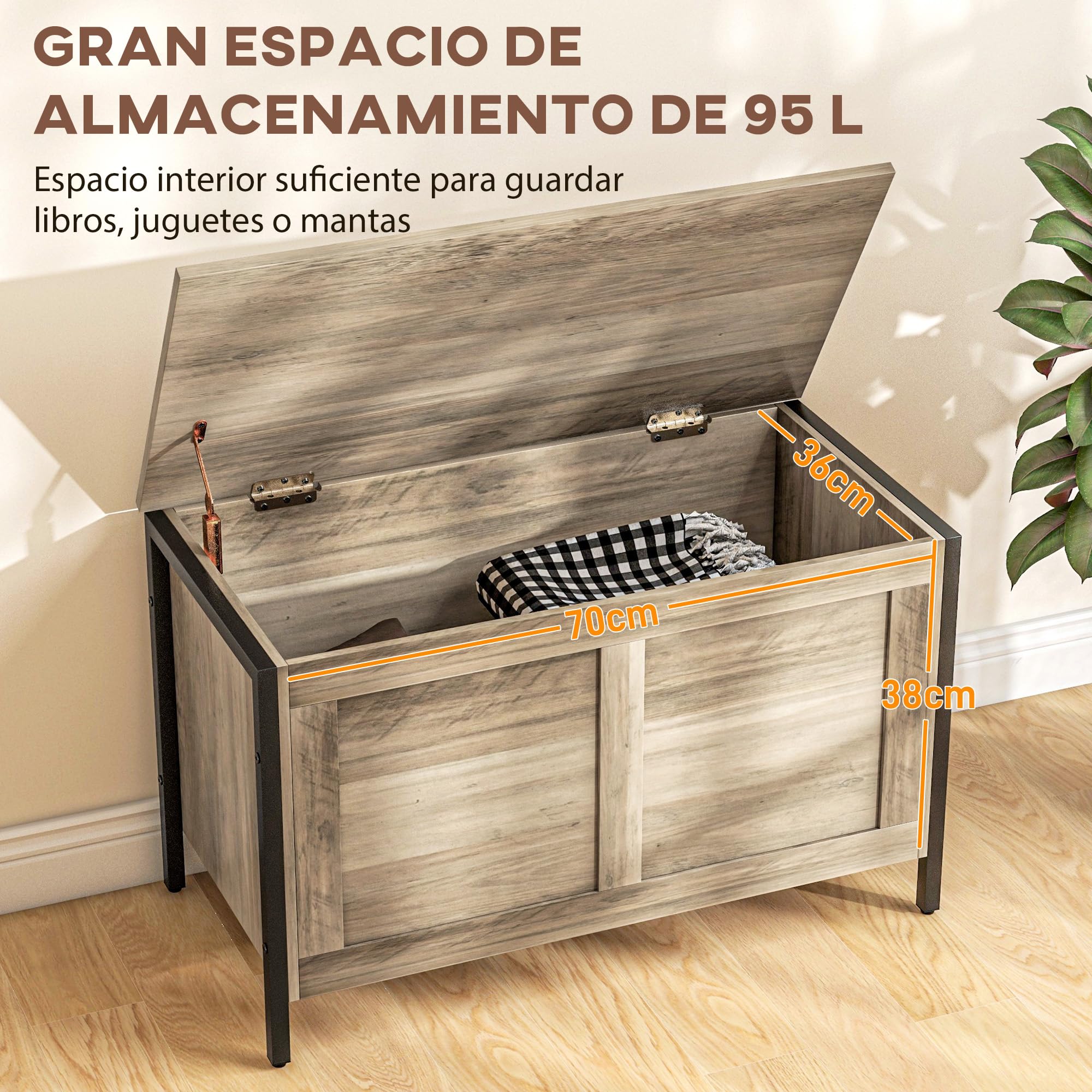 HOMCOM Baúl de Almacenaje para Dormitorio 95 L Banco de Almacenaje con Tapa Bisagra de Seguridad para Pasillo Salón 80x40x50 cm Marrón Grisáceo