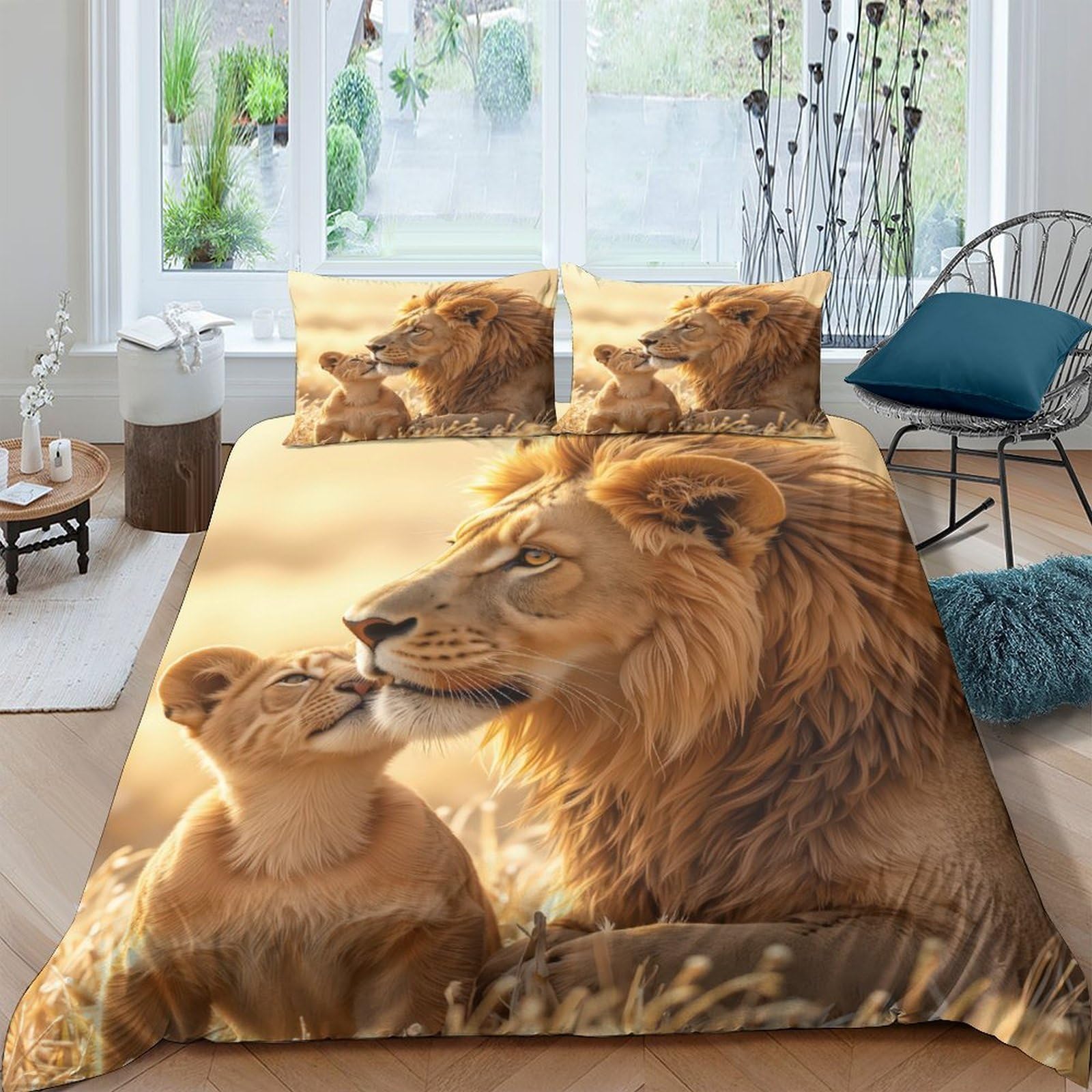 3D Printed Lion Family Duvet Cover Set Microfiber Soft Breathable Safari Animal Bedding with 2 Pillowcases for Bedroom Decor Single（135x200cm）