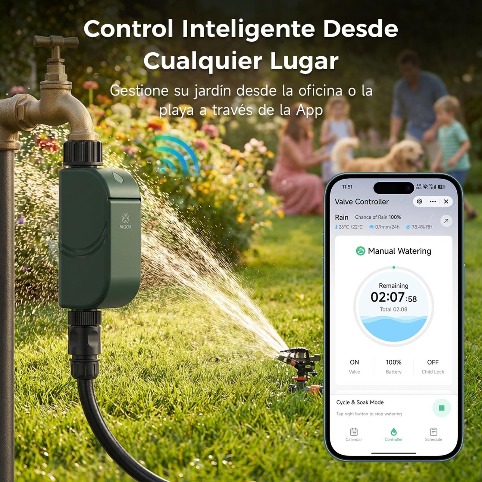 Woox Programador de Riego WiFi Inteligente, Sin Hub Requerido | 8 Programas de Riego, Wi-Fi 2,4 GHz, control vía app, Alexa/Google Assistant, IP65, Retardo por lluvia, Riego manual.