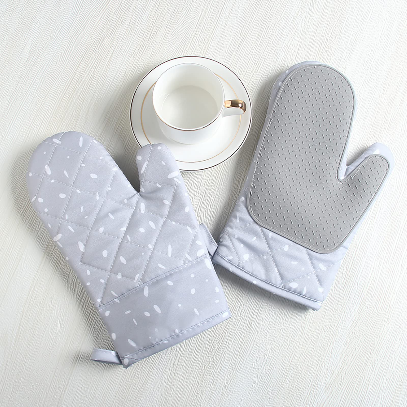 Guantes de horno resistentes al calor hasta 300 °C, guantes de horno de algodón y silicona, guantes para hornear para hornear, cocinar a la parrilla, gris