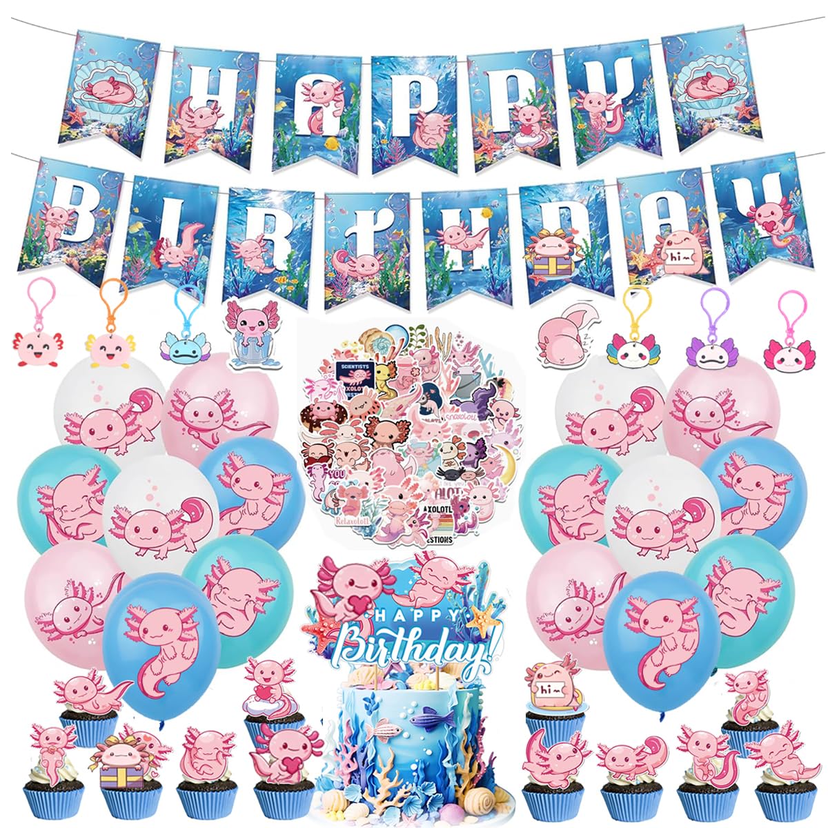 Axolotl Birthday Party Supplies Decorations Axolotl Balloons Cupcake Toppers Happy Birthday Banner Stickers Keychains Animal Party Decoration