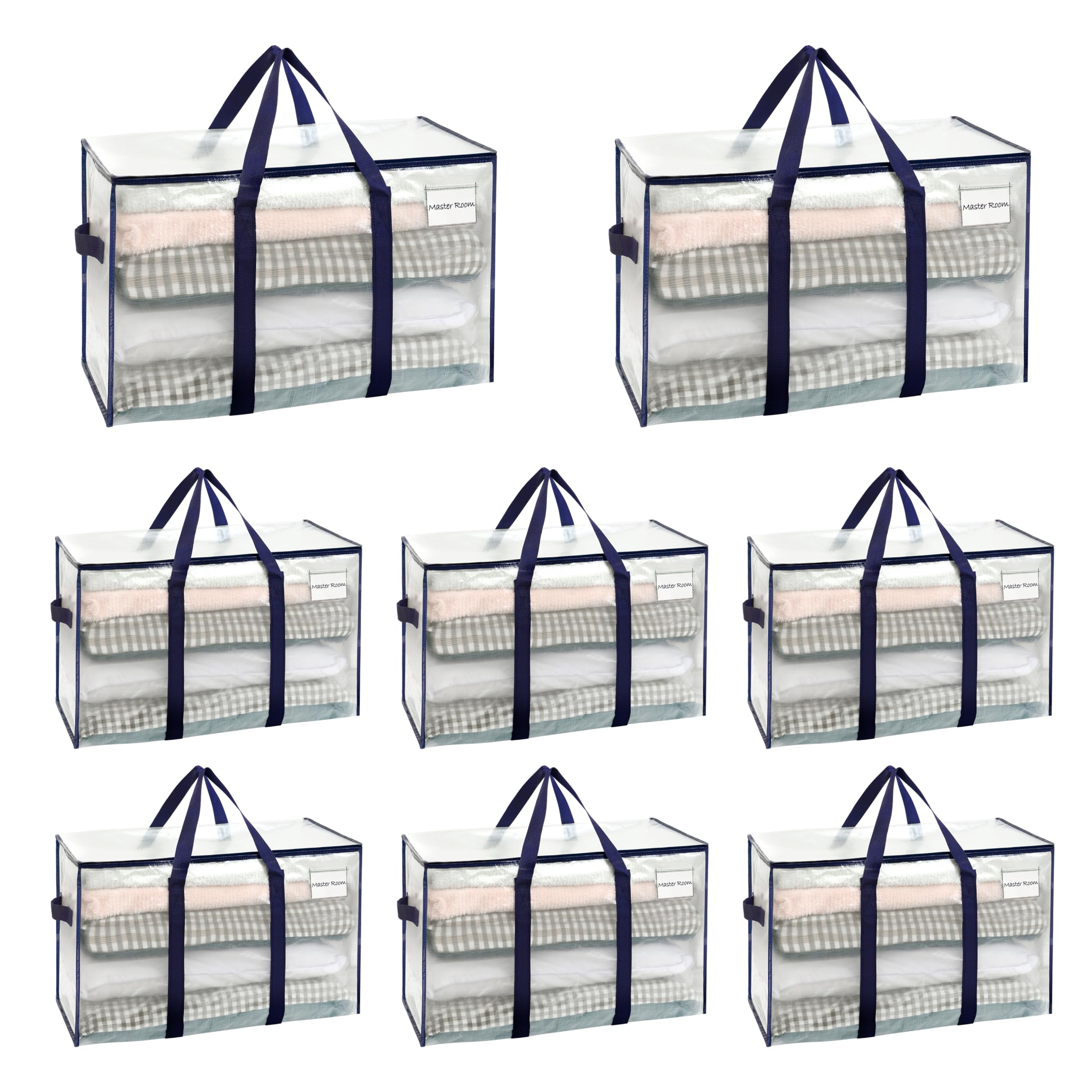 VENO 8 Pack Extra Large Moving Storage Bags with Zips, Heavy-Duty Organizer Tote, Moving Box Alternative, Packing Supply, Clothes Storage Bin, Tag Pocket for Label, Water-Resistant (Clear, 8 Pack)