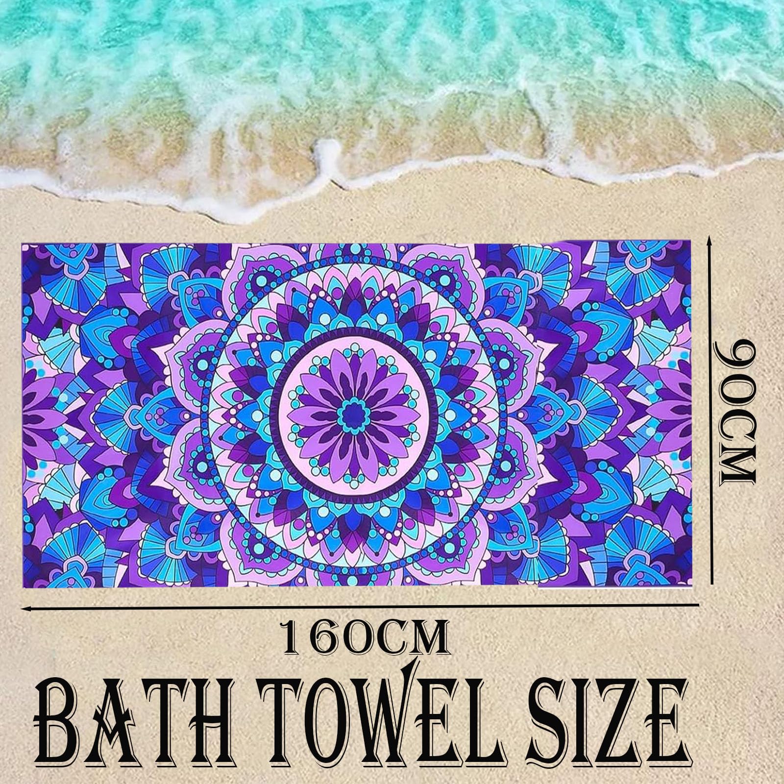 Large Thin Microfibre Beach Towel with Bag for Adult Men Women,160x90cm Mandala Beach Towels Quick Dry Sand Free Lightweight Swim Bath Towel for Travel,Swimming,Pool,Holiday,Camping,Yoga,Gym Sport - Image 2