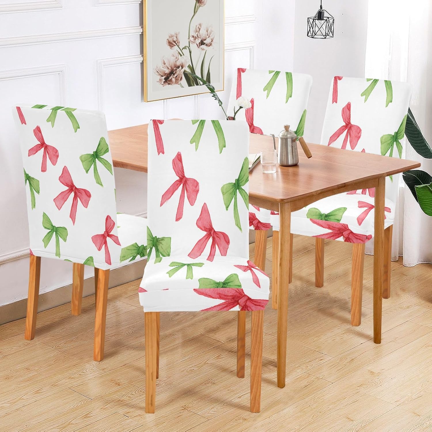 ALAZA Chair Covers for Dining Room, Red Green Watercolor Bow Pattern Stretch Chair Cover Sets Chair Protector Removable Washable for Ktichen Restaurant Hotel
