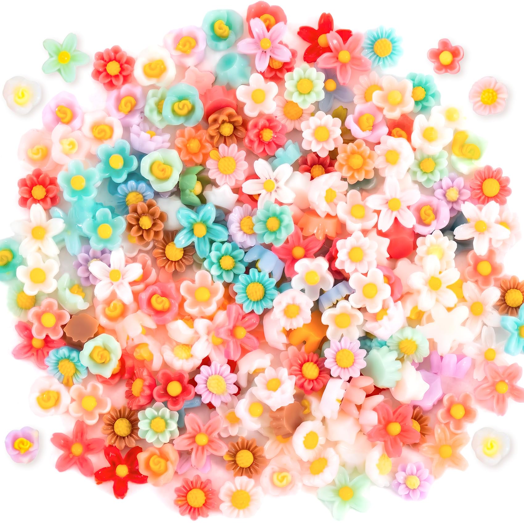 Photo 1 of Incinkod 200 Pcs Mini Resin Flower Daisy Charm, 5 Styles Flatback Cabochons No Hole Flower Beads, Cute Daisy Embellishment Phone Charm for Jewelry Making DIY Crafts Decoration - Mixed Color