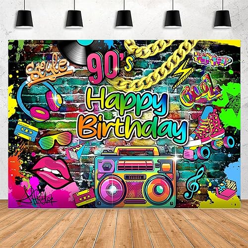 Telón de fondo de los años 90, hip pop, feliz cumpleaños, graffiti de los años 80, 90, fiesta de graffiti, retro, urbano, telón de fondo de neón