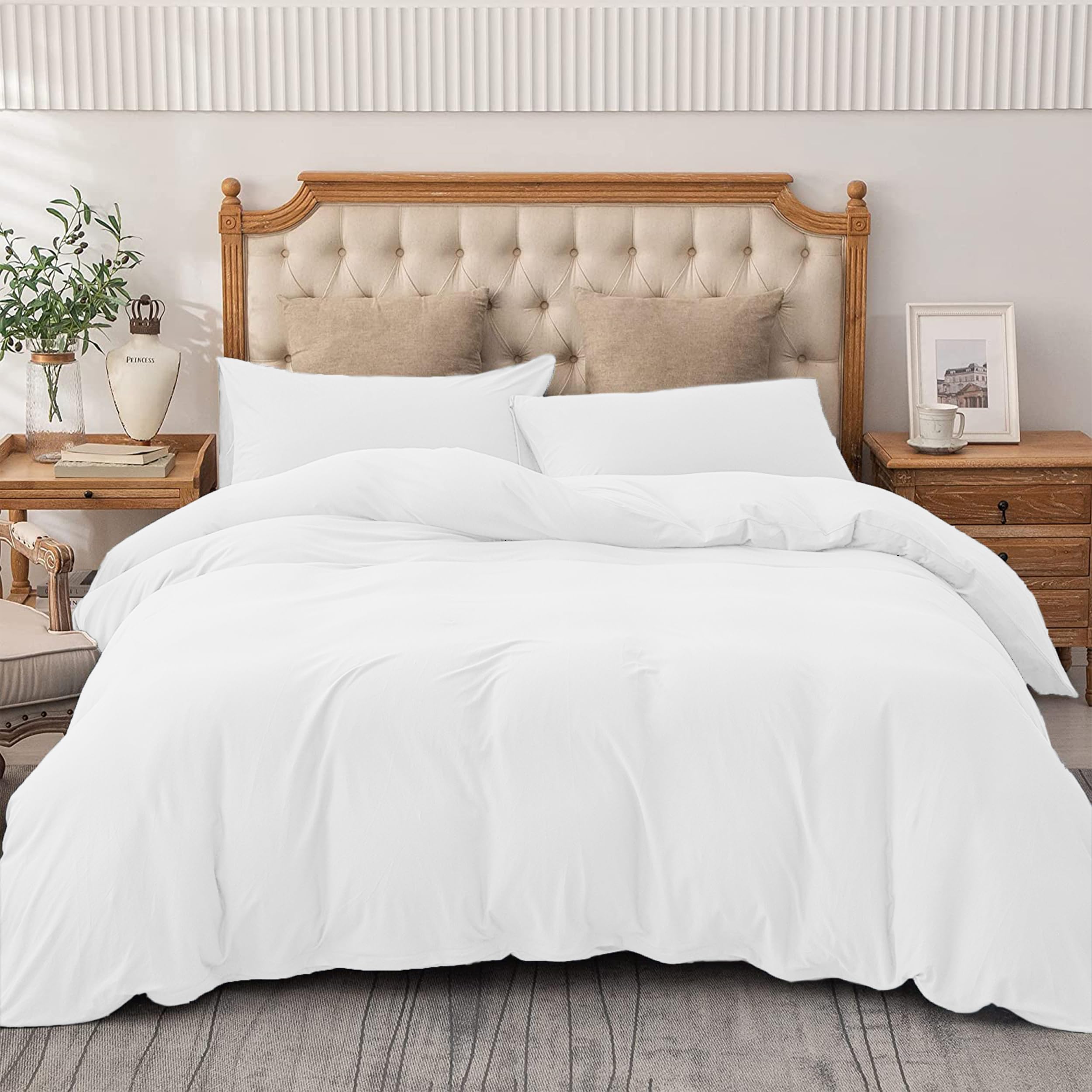 Ameha White Double Duvet Set 3 Pcs Plain Dyed Quilt Bedding With Pillowcases Breathable Soft Brushed Microfibre Bed Set