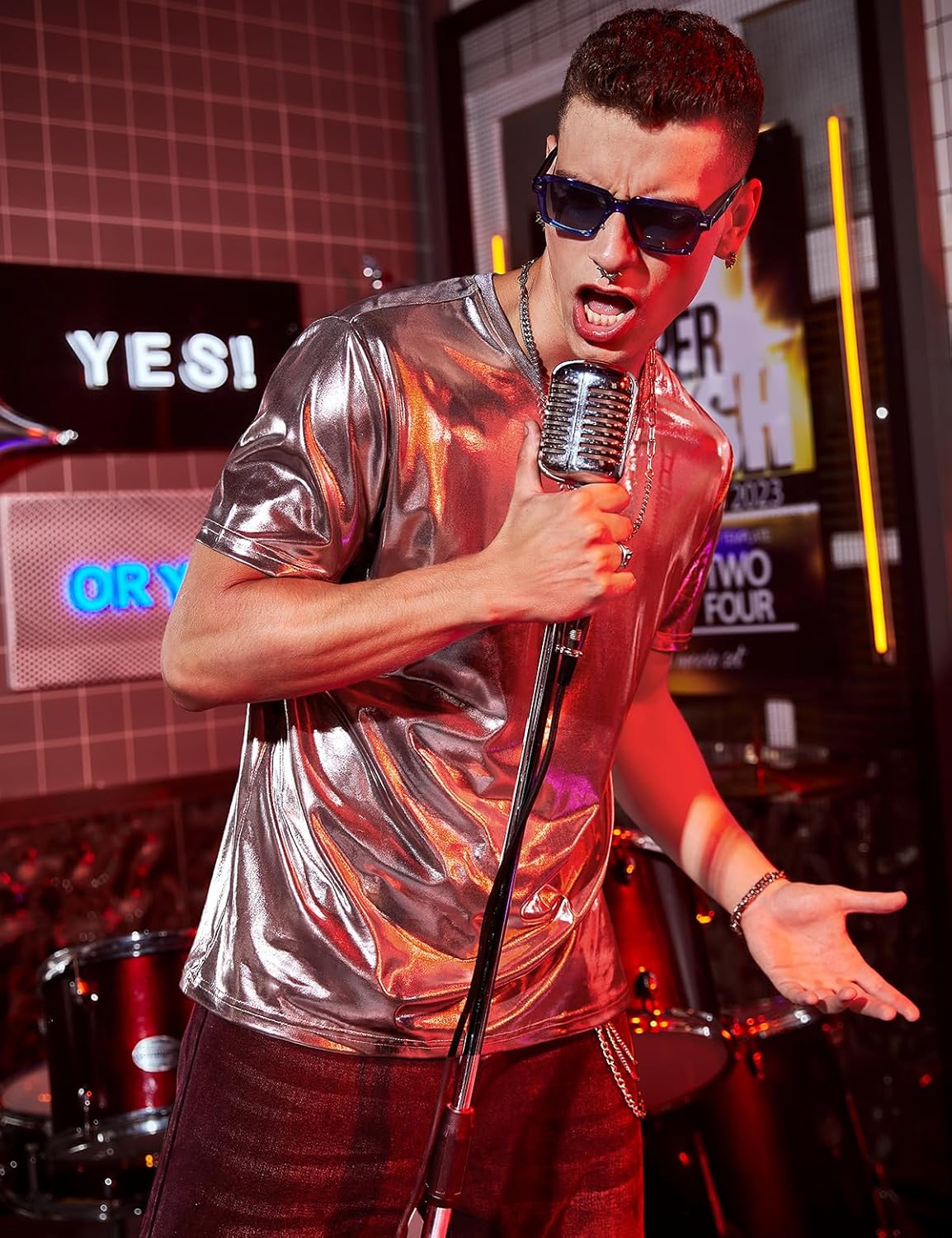 Arjen Kroos Men's Sexy Shiny Metallic T-Shirts Short Sleeve Sparkly Shirts Disco Holographic Tops - Image 3