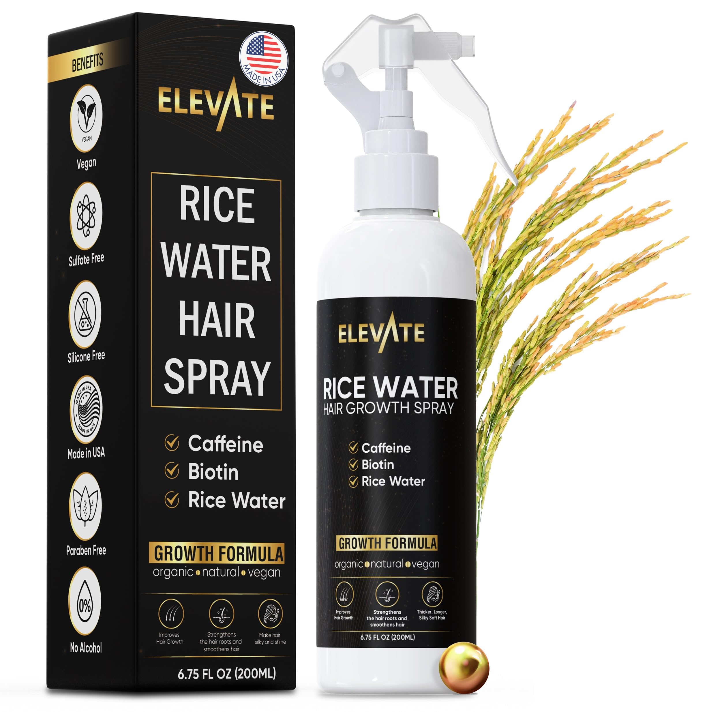 Rice Water Hair Growth Spray - Infused with Biotin, Caffeine & Aloe Vera for Thicker, Longer, Softer Hair - Fermented Leave In Mist for Thinning, Damaged Hair - Vegan & Non-Greasy