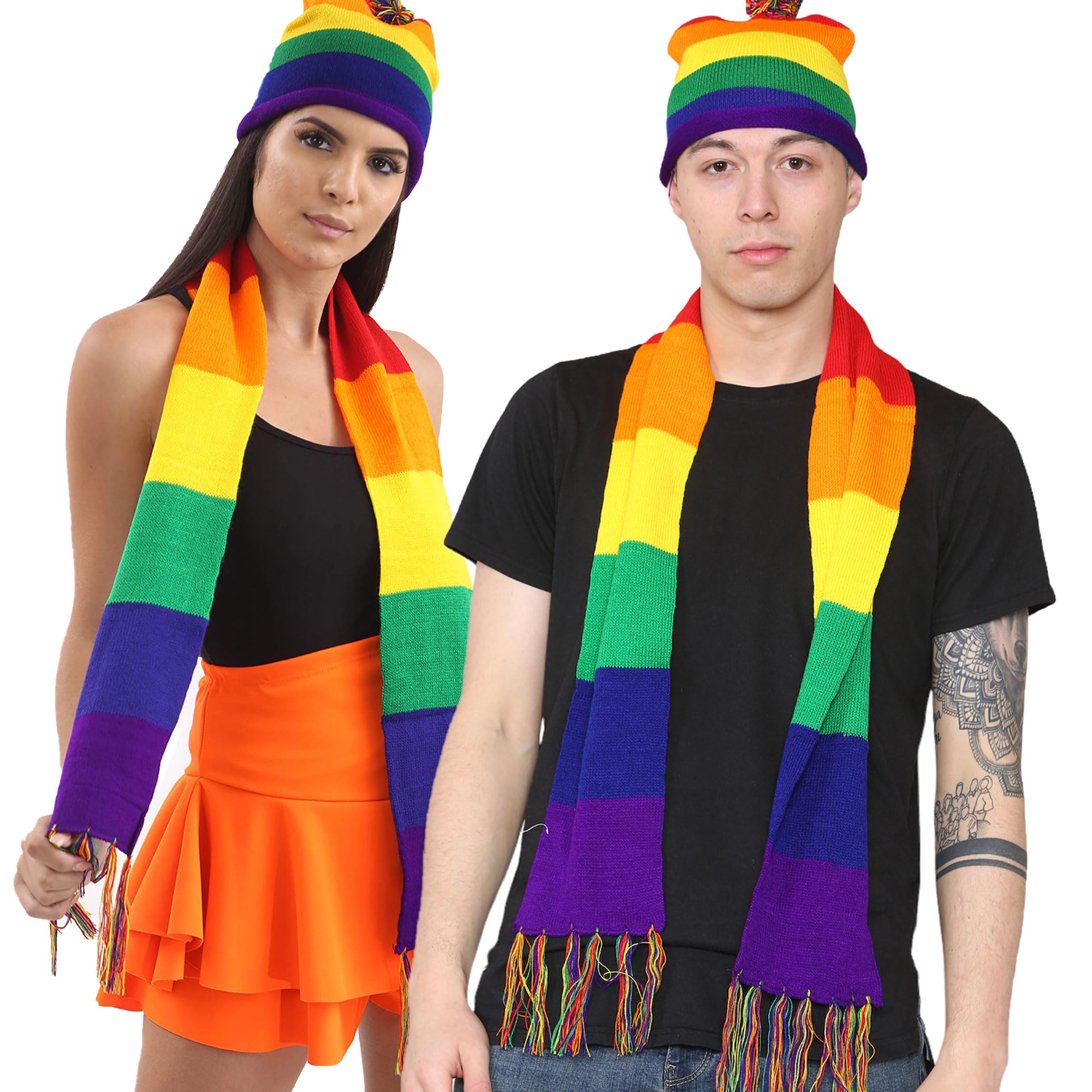 WickedFun® Unisex Gay Pride LGBT Rainbow Knitted Hat And Scarf Colourful Warm Beanie Hat LGBT Party Head Wrap Striped Polyester Satin Neck Scarf (Hat And Scarf Set)