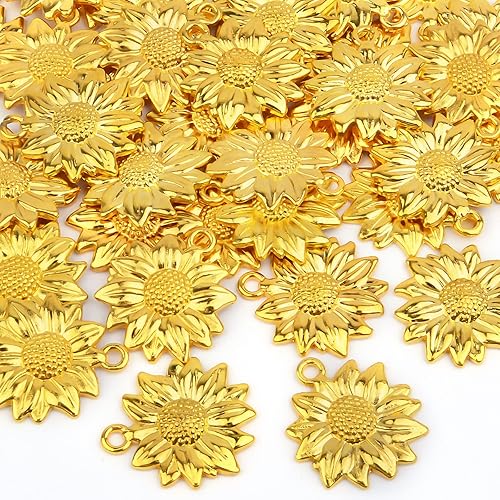 Miniatura 4 de BronaGrand 60 dijes de girasol chapados en oro, de aleación, encantadores colgantes de cuentas de flores, dijes para bricolaje, collares, pulseras,