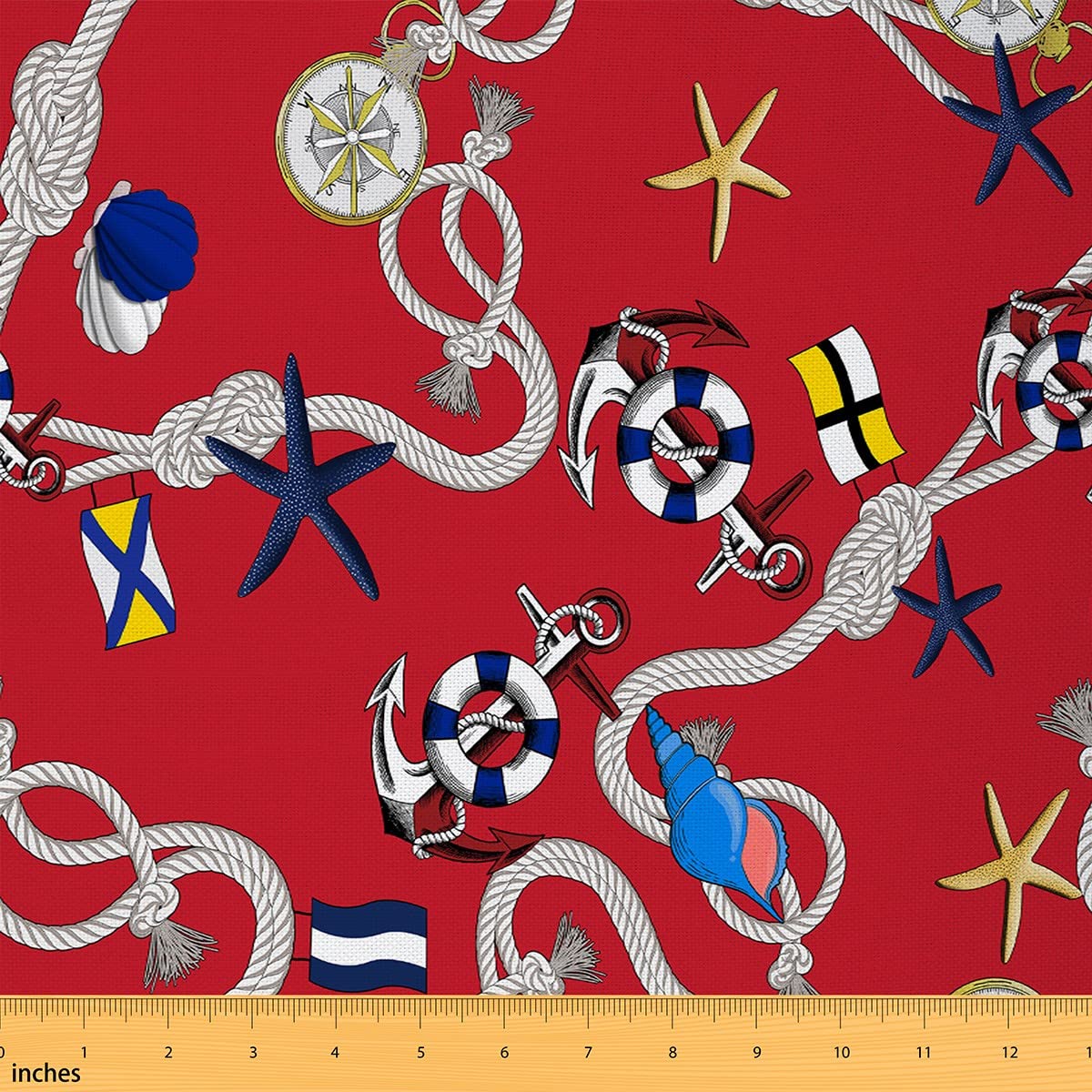 Nautical Theme Fabric by The Yard Navy Blue Swim Ring Maroon Anchor Fabric for Kids Teens Adults Colorful Starfish Wild Sealife Fabric for DIY Upholstery and Home Accents 3 Yards