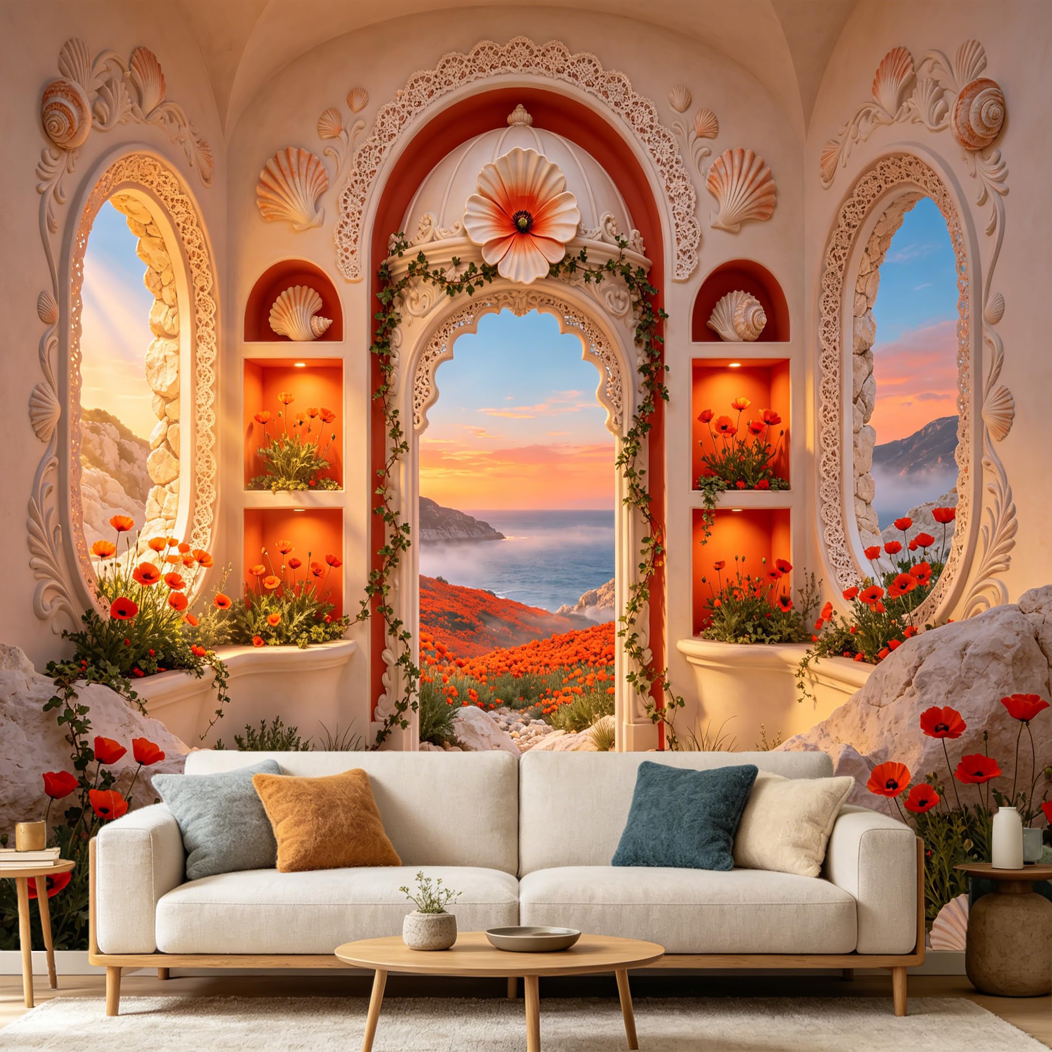 Custom Size Wall Mural， Mediterranean Sea Arch Coastal Sunset Floral Landscape， SelfAdhesive Art Prints wall Fabric Removable Large Wallpaper Home Living Room Decor
