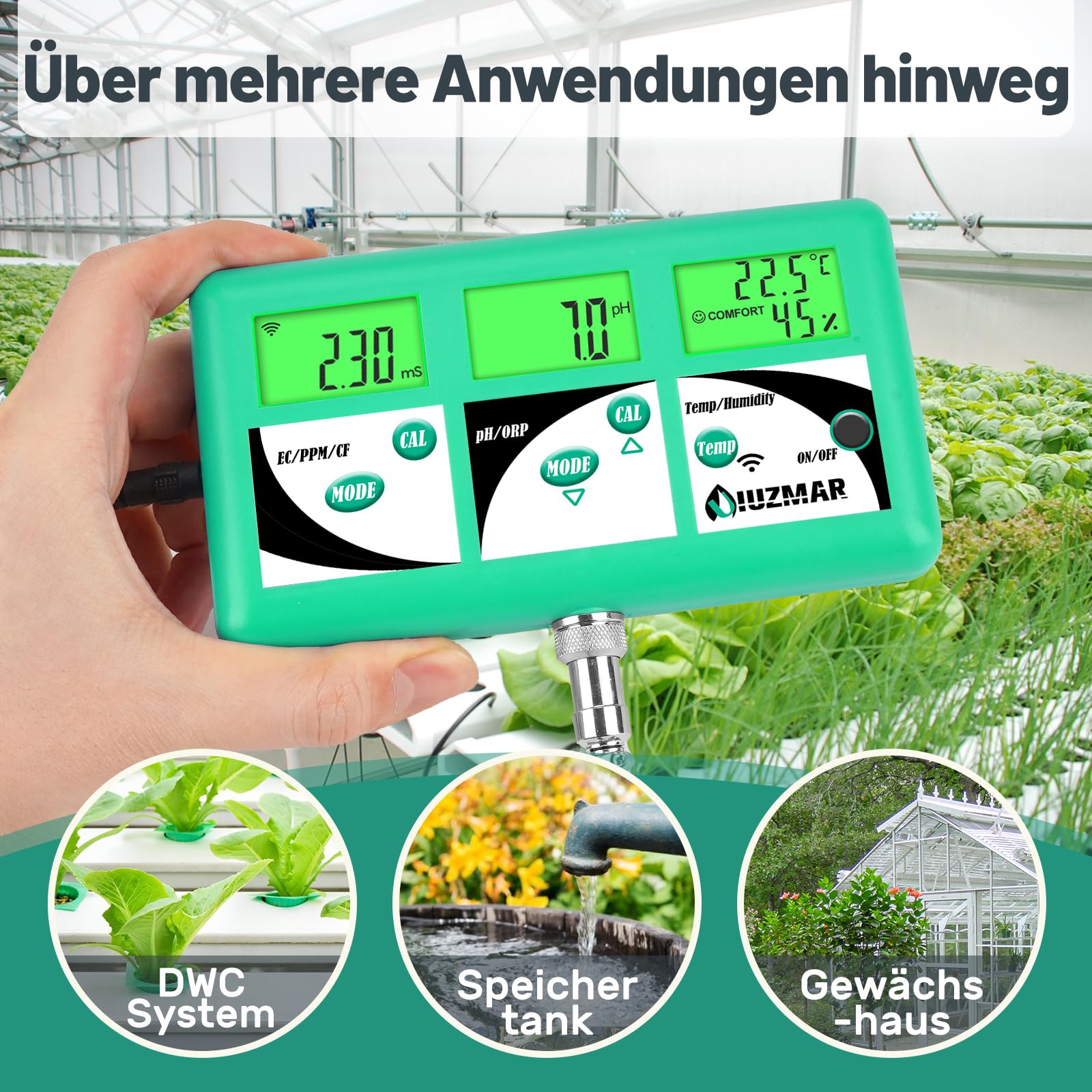 UIUZMAR pH EC TDS Messgerät für Hydrokultur, 7 in 1 pH EC PPM 500 PPM 700 CF Temperatur Luftfeuchte Monitor für Aeroponik, Kontrolle des Leitfähigkeits pH Werts der Hydrokultur Nährlösung