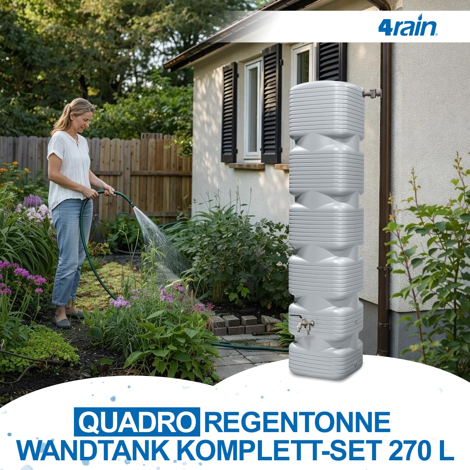 4rain Quadro Regentonne Wandtank Komplett-Set 270 Liter betongrau | inkl. Chrom-Doppelauslaufhahn und Fallrohranschluss, Regenwassernutzung, robustes Material, praktische Lösung