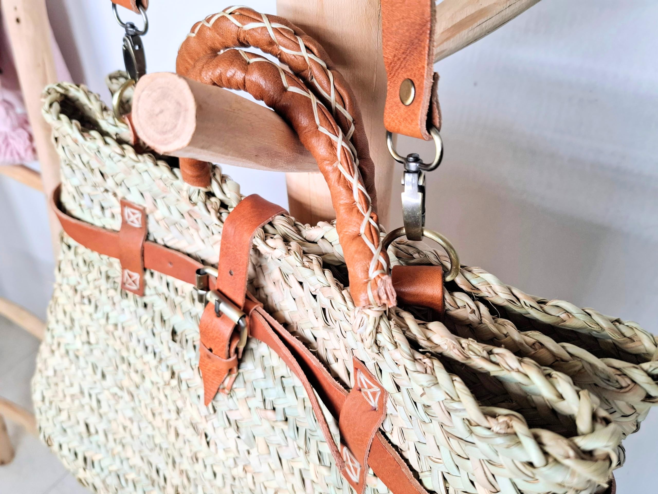 Bolso de Mimbre Mujer, Ratán, Artesanal Marroquí, Trenzado a Mano, Beige, Aprox. 40 cm x 33 cm x 17 cm, Asas de Cuero
