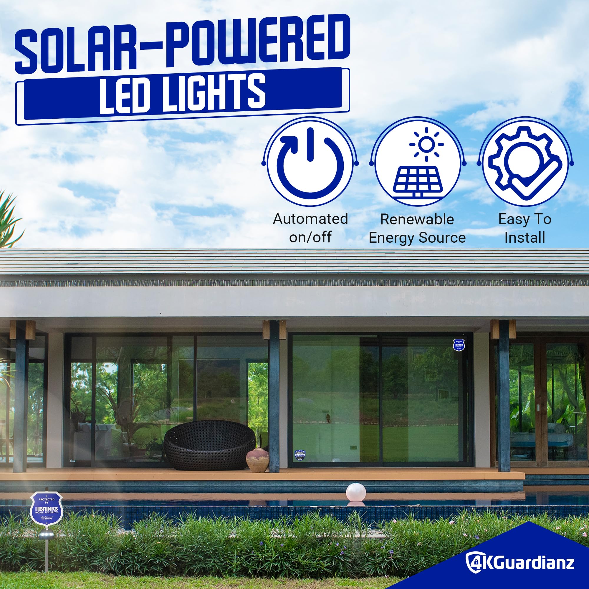 Lot de 12 panneaux d'alarme de sécurité et autocollants pour maison, propriété, entreprise – 2 panneaux d'alarme de sécurité avec piquets, 2 lumières solaires automatiques à LED, 4 autocollants «