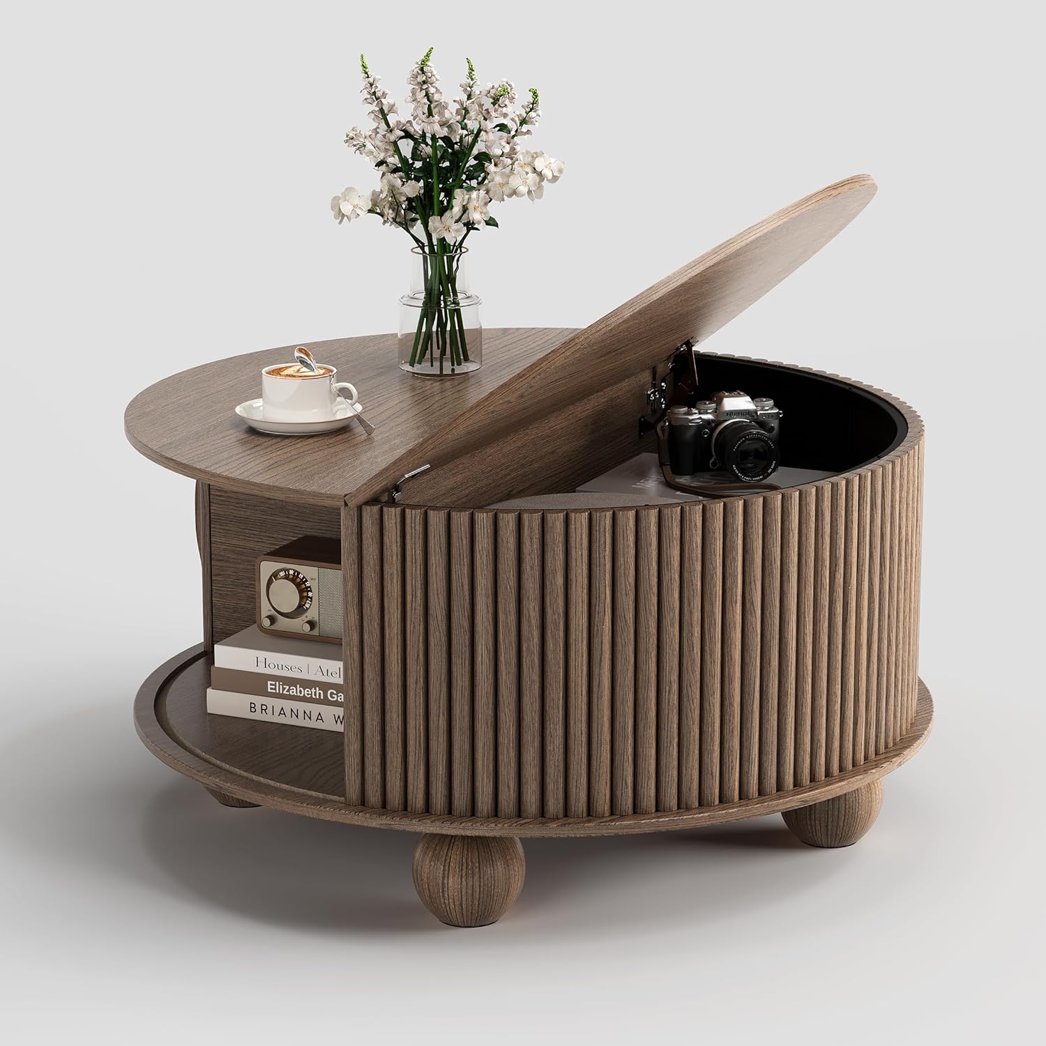 Round Coffee Table with Storage, 31.5" Walnut Fluted Drum Center Table, Mid Century Modern Wood Circle Table with Sliding Door & Bun Feet for Living Room