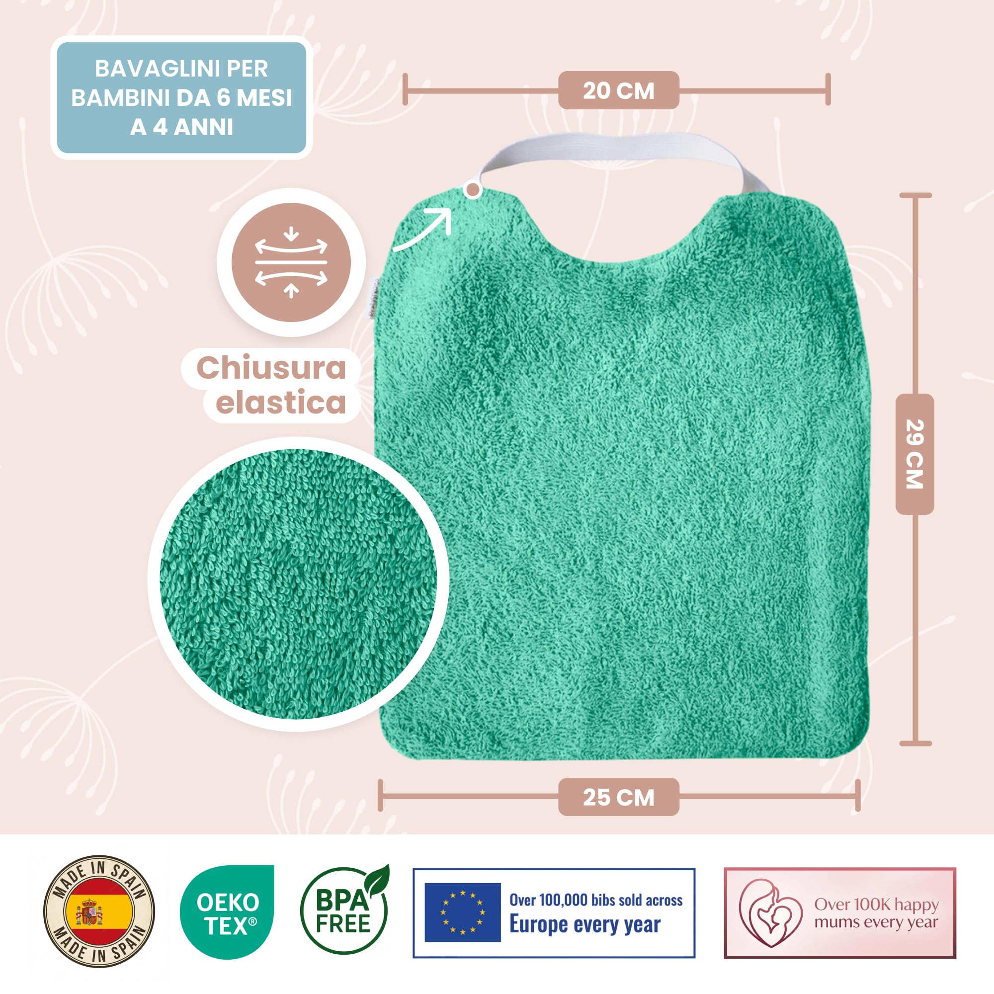 MIMUSELINA Set di 5 Bavaglini Neonato Impermeabili BLW in Spugna | Cotone Premium Oeko-Tex | Set Pappa Svezzamento Neonati | Grandi Bavaglini Asilo con Elastico al Collo | Realizzati a mano Spagna