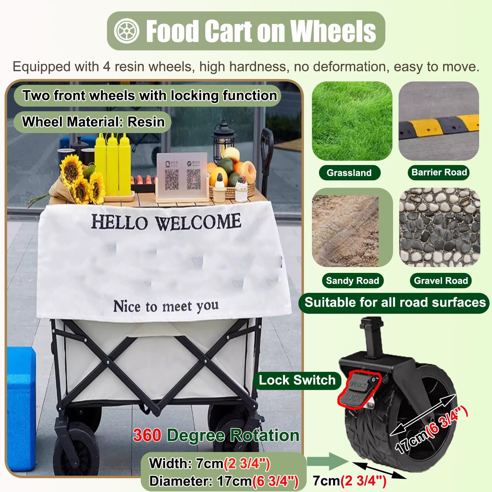 Marktstand Verkaufsstand Zusammenklappbarer, Mobiler Imbisswagen auf Rädern, Tragbarer Verkaufsstand für Märkte, Veranstaltungen im Freien und Unternehmen, Faltbare(Table Width 89cm(35"))