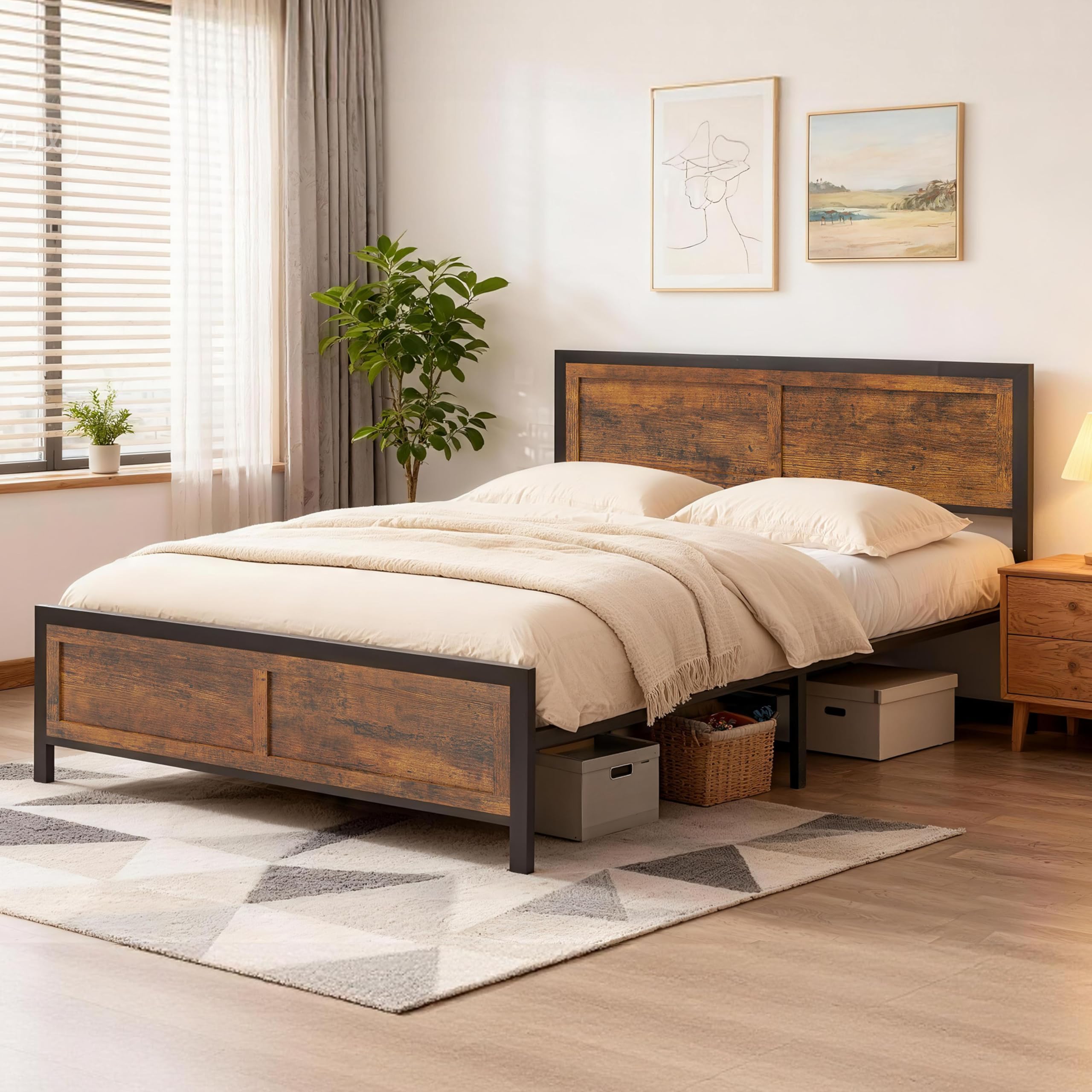 Vipbear Queen Size Bed Frame with Headboard, 10-14 Inch Metal Platform Bed Frames Wooden Headboard & Footboard Mattress Foundation with All Sturdy