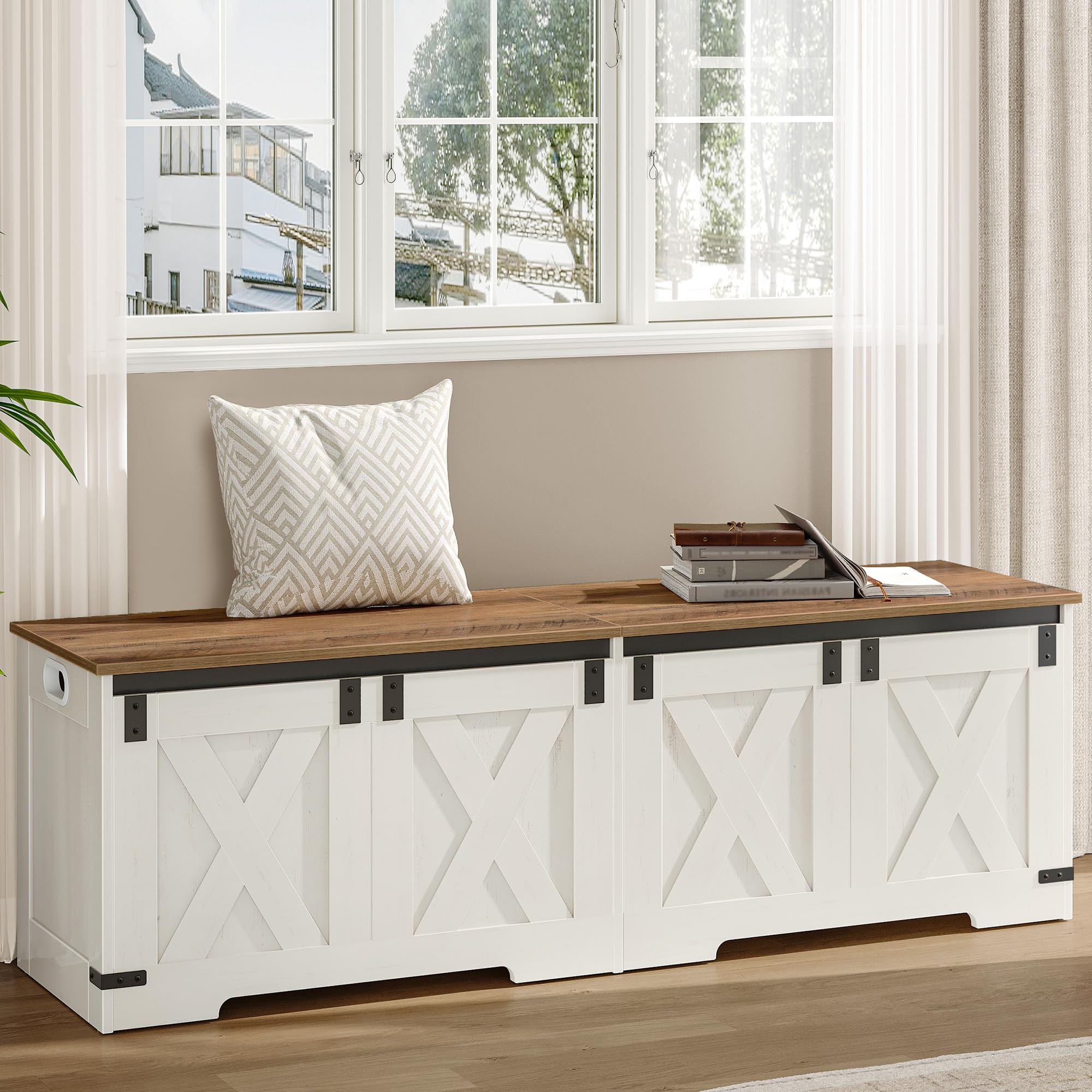Hzuaneri Cassapanca con Vano Portaoggetti, Mobile Seduta con Cerniere di Sicurezza, Contenitore, 40 x 150 x 48,5 cm, per Corridoio, Camera da Letto, Soggiorno, Bianco Marrone SB15014X