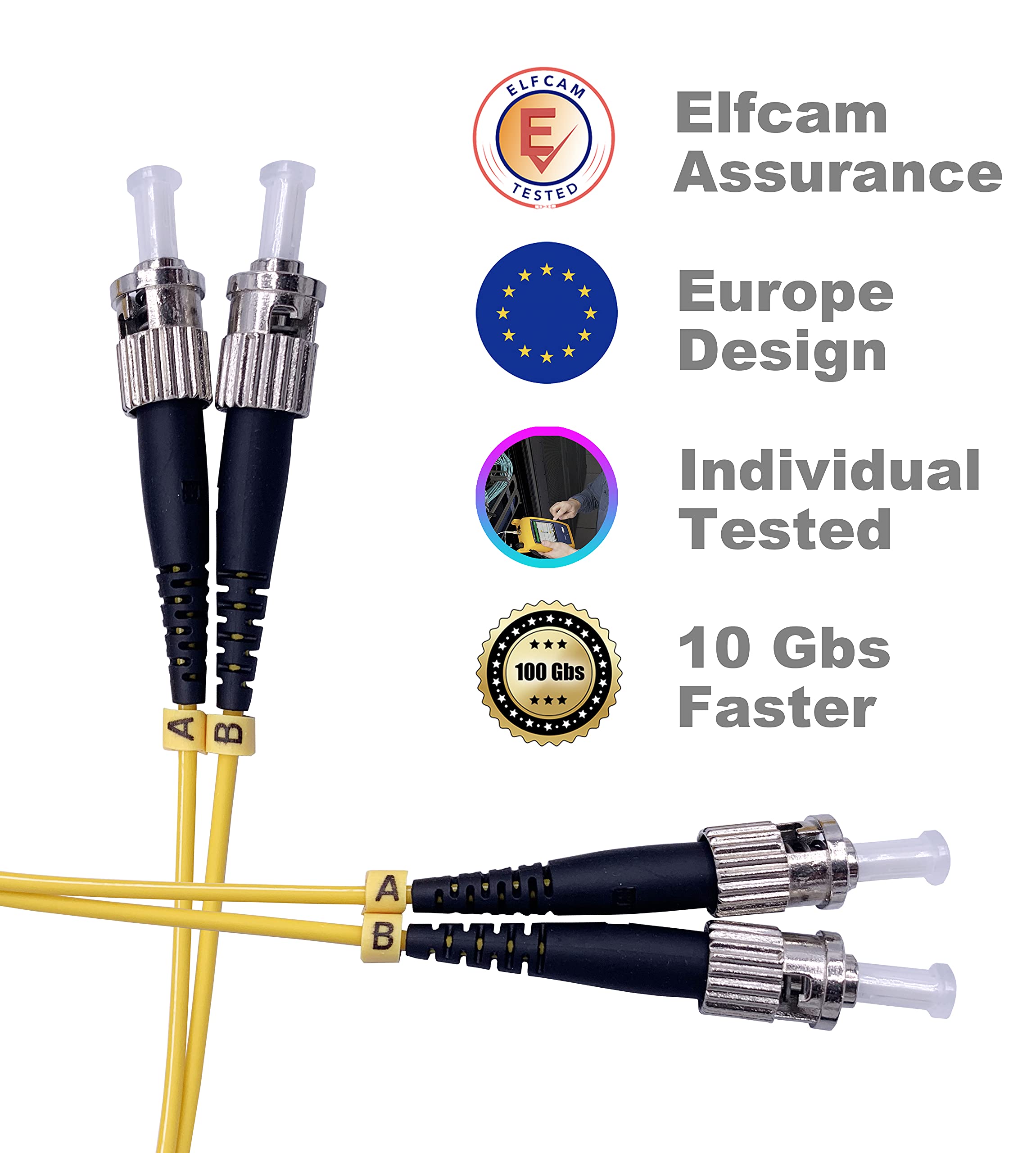 Elfcam® - LWL Glasfaser-Kabel ST/UPC auf ST/UPC Stecker, OS2 Duplex 9/125 Patchkabel, Lichtwellenleiter LSZH Mantel, 30M