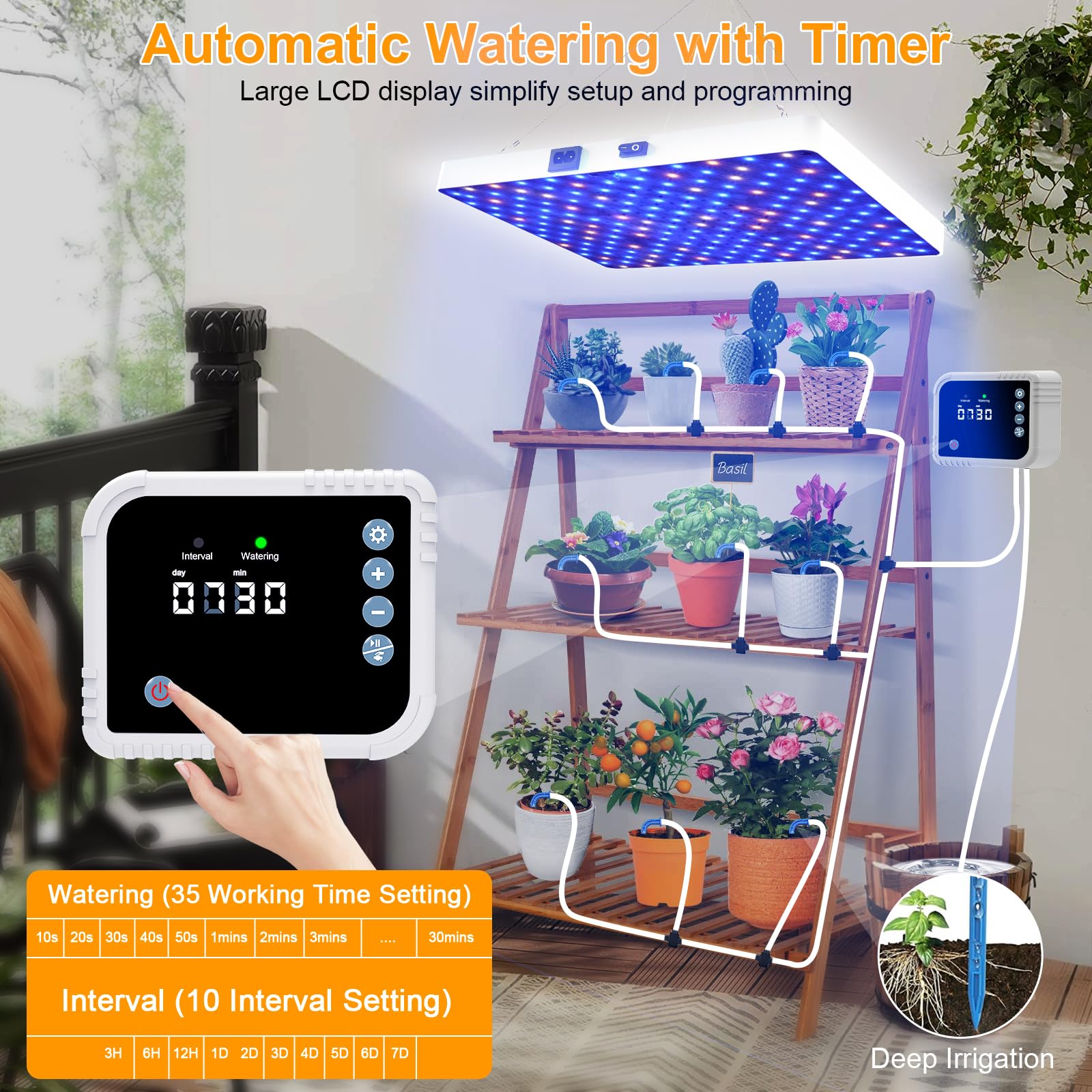 LED Grow Light con sistema de riego automático para plantas de interior, luz de espectro completo con mando a distancia, regulable sin niveles con 3 modos de iluminación para plántulas