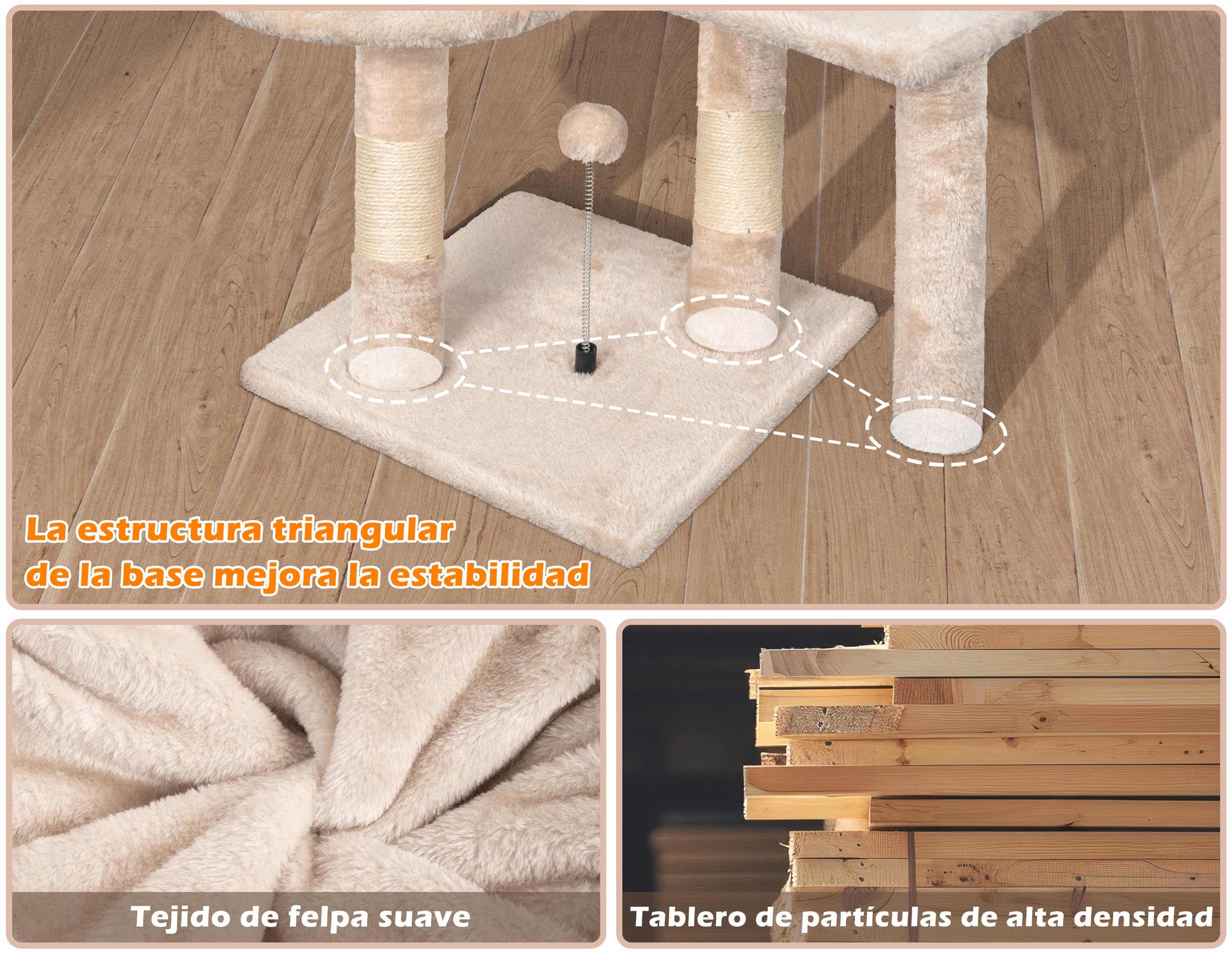 Rascador para Gatos,Árbol Rascador para de 112 cm y múltiples Niveles Estable con 4 Postes de sisal,3 Plataformas,1 Cama,Torre Gatos para Jueguen y Descansen-Beige
