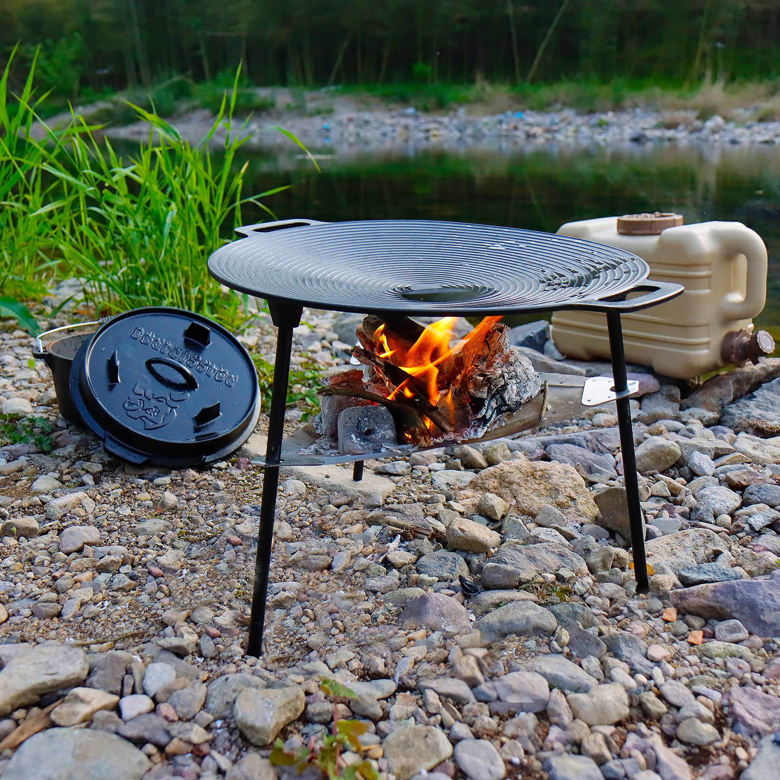 CCLIFE Grillpfanne Gusseisen 40 cm, Rund, Antihaft, Doppelgriffe | Exzellente Wärmespeicherung; Für K-BBQ, Fisch & Gemüse; 4mm Gusseisen; Leicht reinigen; Für Gas-/Holzkohlegrill.