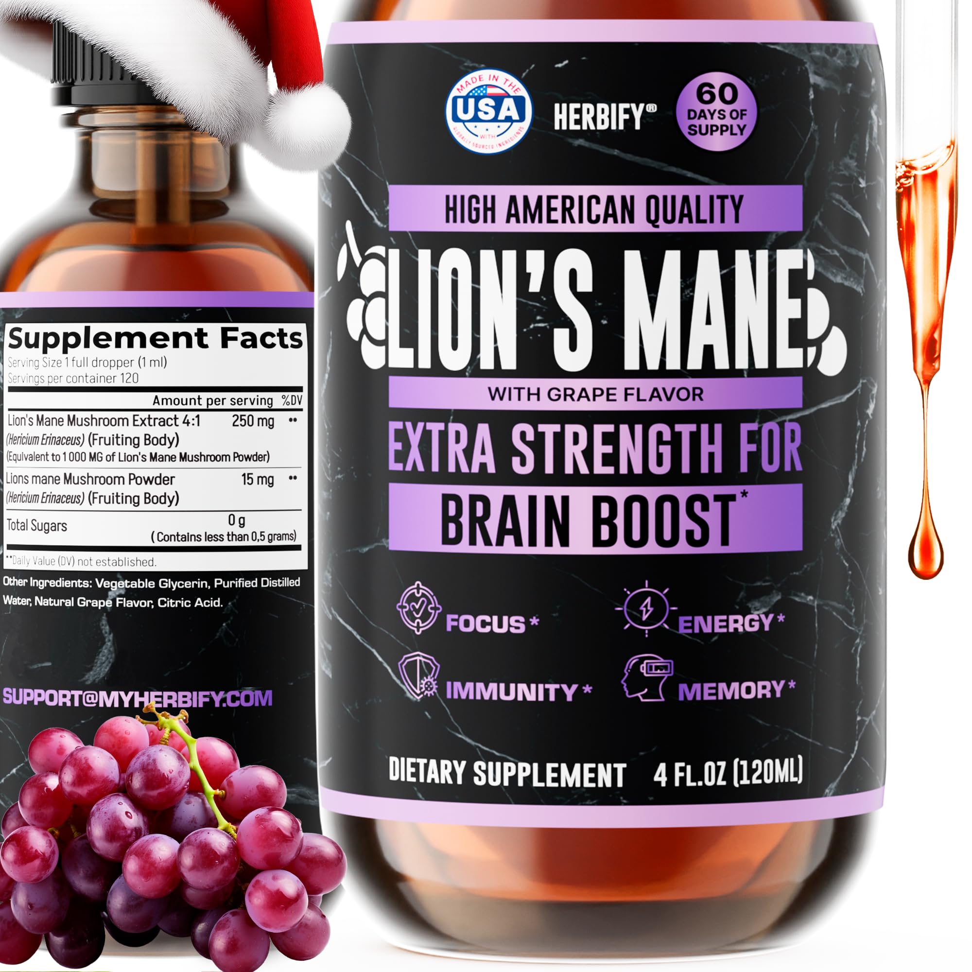 HERBIFY Lions Mane Supplement - Daily Mushroom Supplement for Memory, Focus & Clarity - Brain Booster - Lions Mane Tincture for Immune Support - 4 Fl oz Grape Flavor