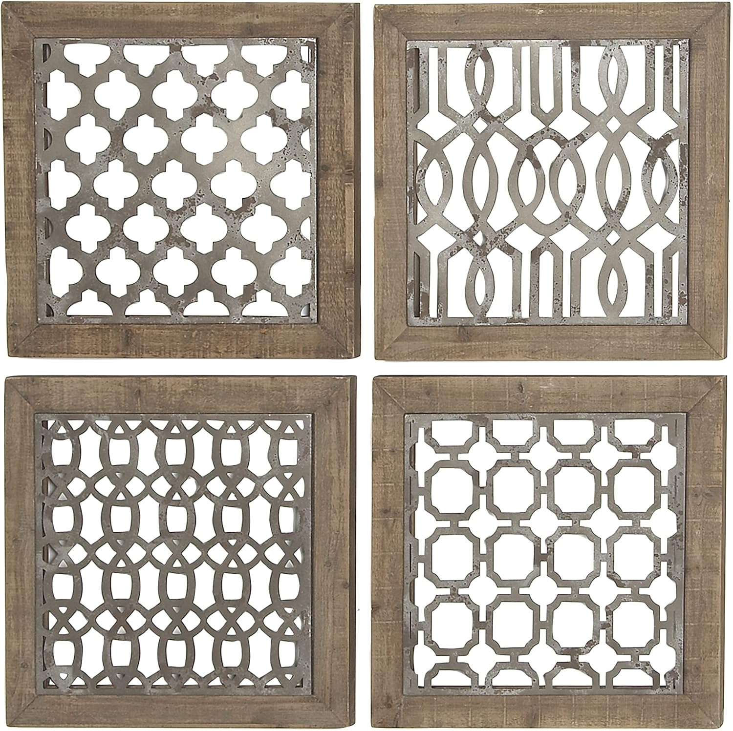 Rustic Farmhouse Iron & Wood Geometric Wall Decor Set, 19" Square