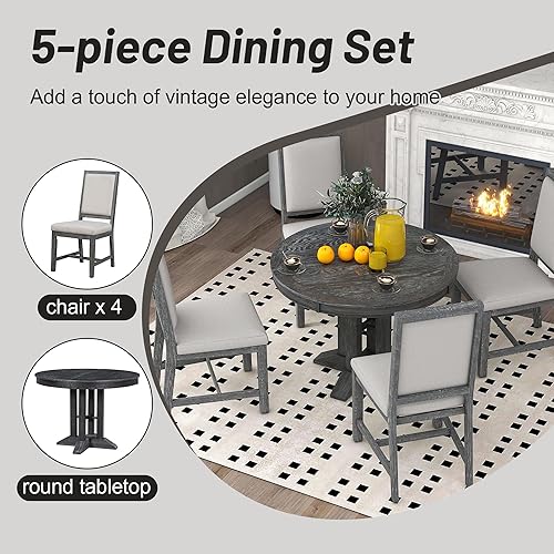 Miniatura 5 de Farmhouse - Juego de mesa de comedor de 5 piezas, mesa redonda extensible y 4 sillas tapizadas con base en forma de X, juego de comedor de madera