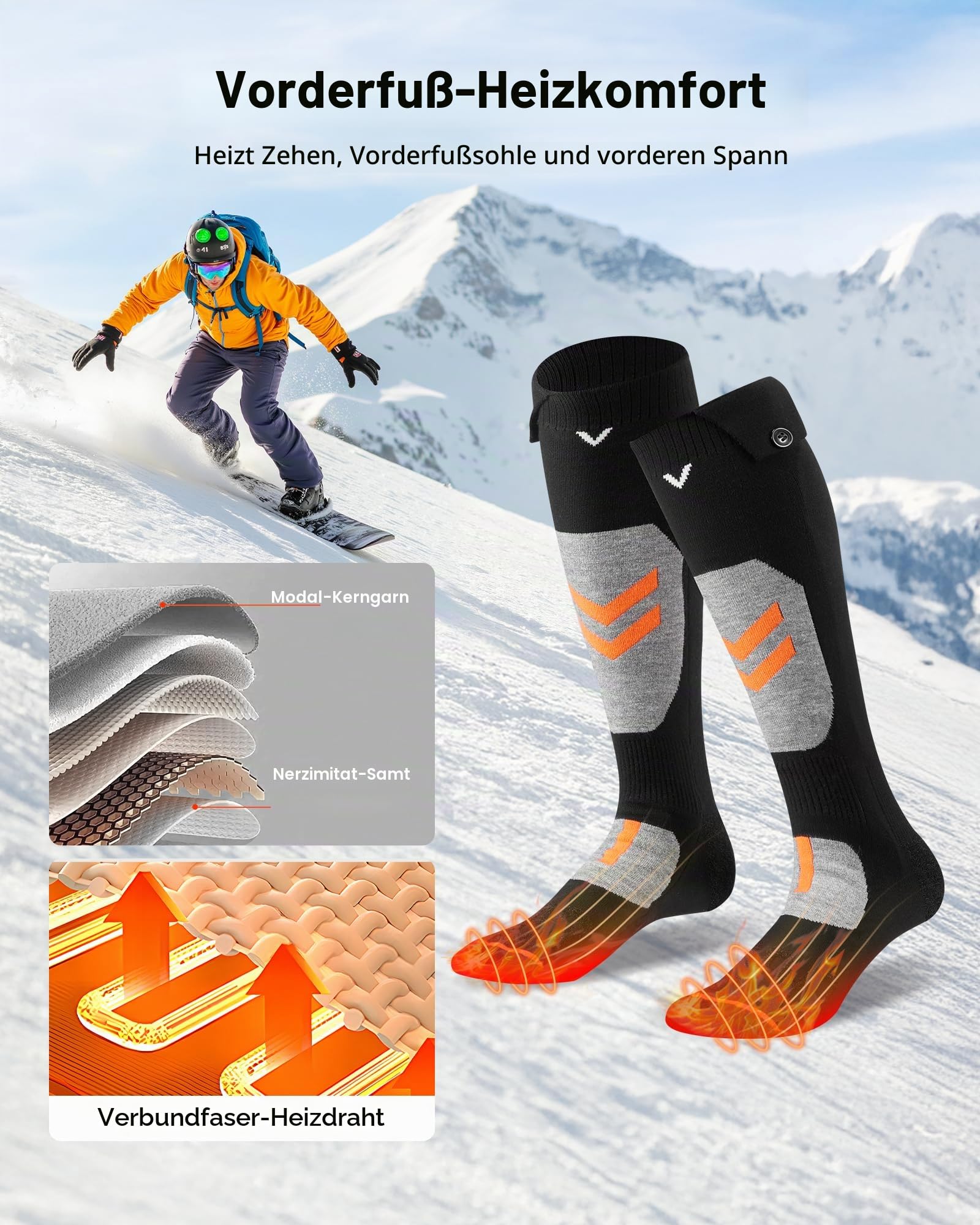 VEVOR Beheizte Socken, Größe XL, 5000 mAh Akku, wiederaufladbare Heizsocken mit 4 Heizstufen & APP-Steuerung, 40–70 ° Fußwärmer für Outdoor, Skifahren, Angeln, Camping, Unisex
