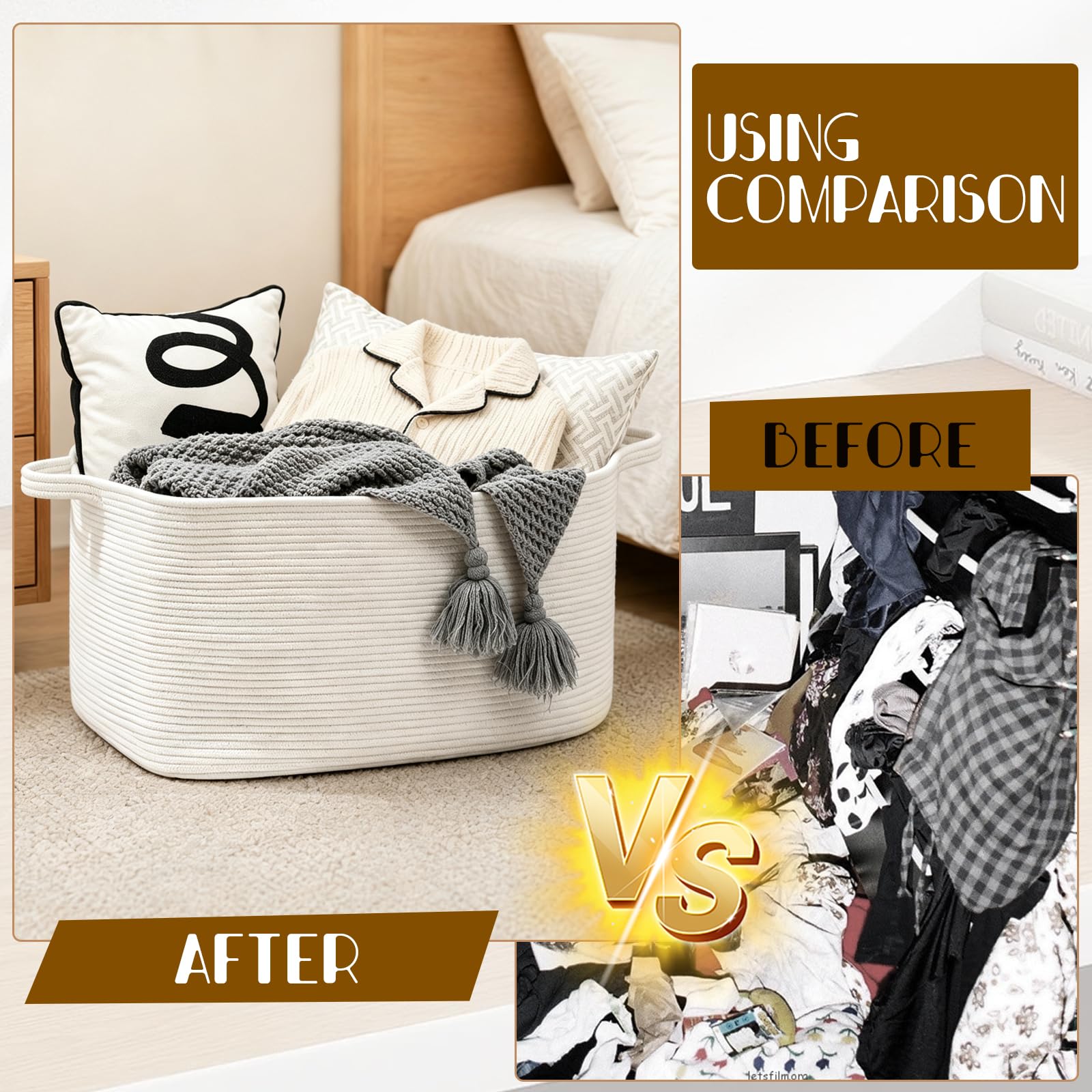 Cesto Portabiancheria in Corda Intrecciata 50L, Cesta Portabiancheria con Manici per Coperte, Giocattoli, Peluche, Vestiti, 46 x 36 x 30 cm (Bianco)